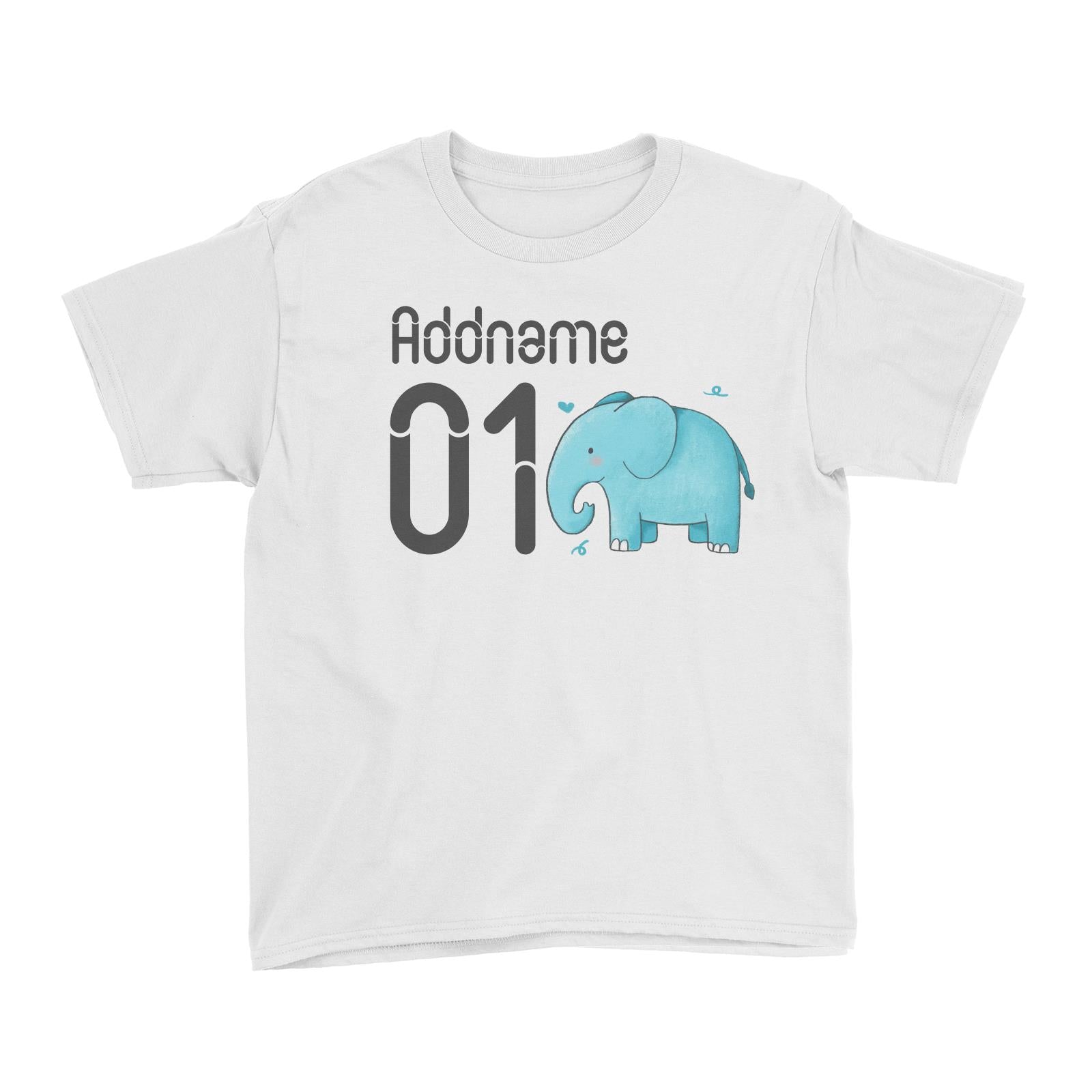 Name and Number Cute Hand Drawn Style Elephant Kid's T-Shirt (FLASH DEAL)