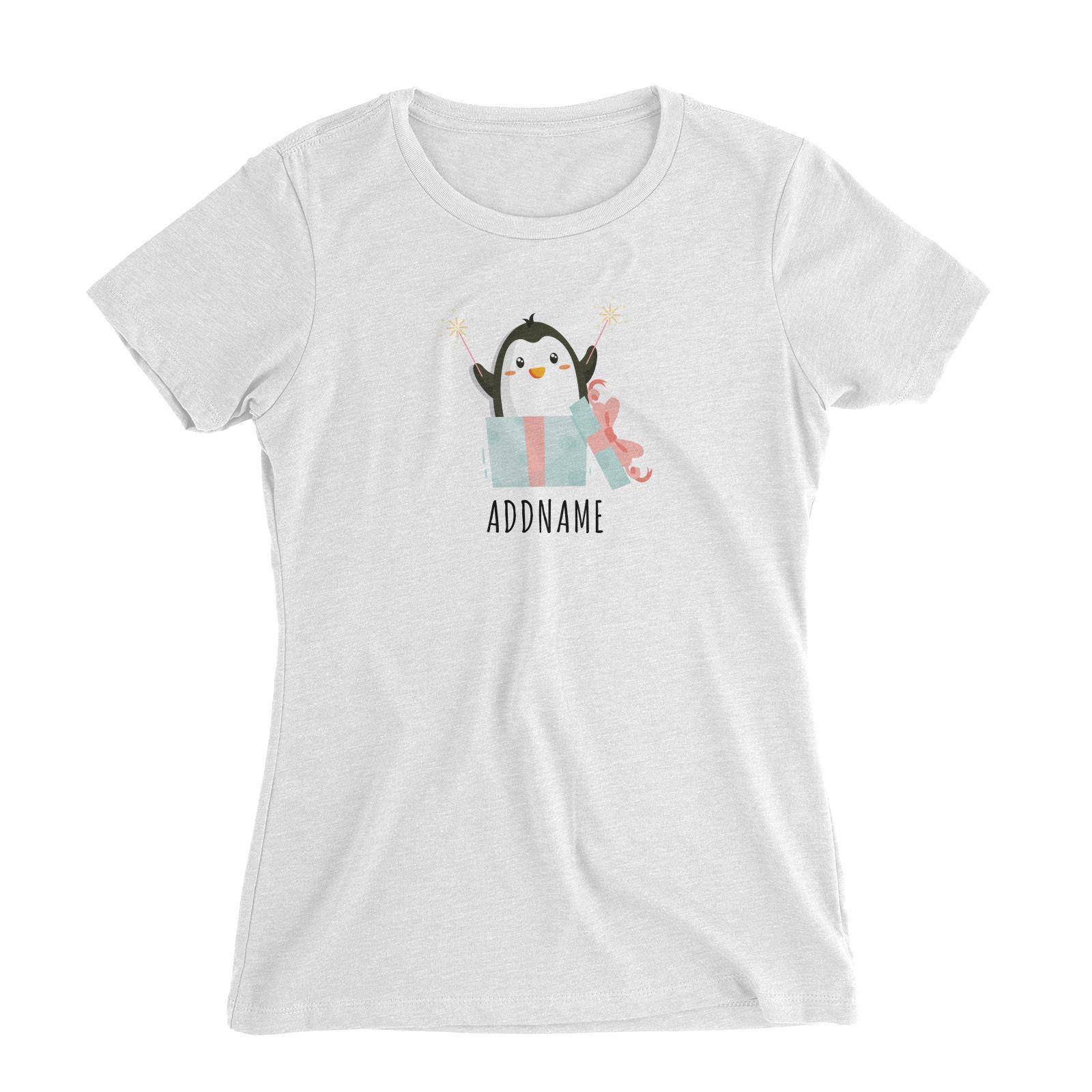 Birthday Cute Penguin Taking Fireworks In Present Box Addname Women's Slim Fit T-Shirt