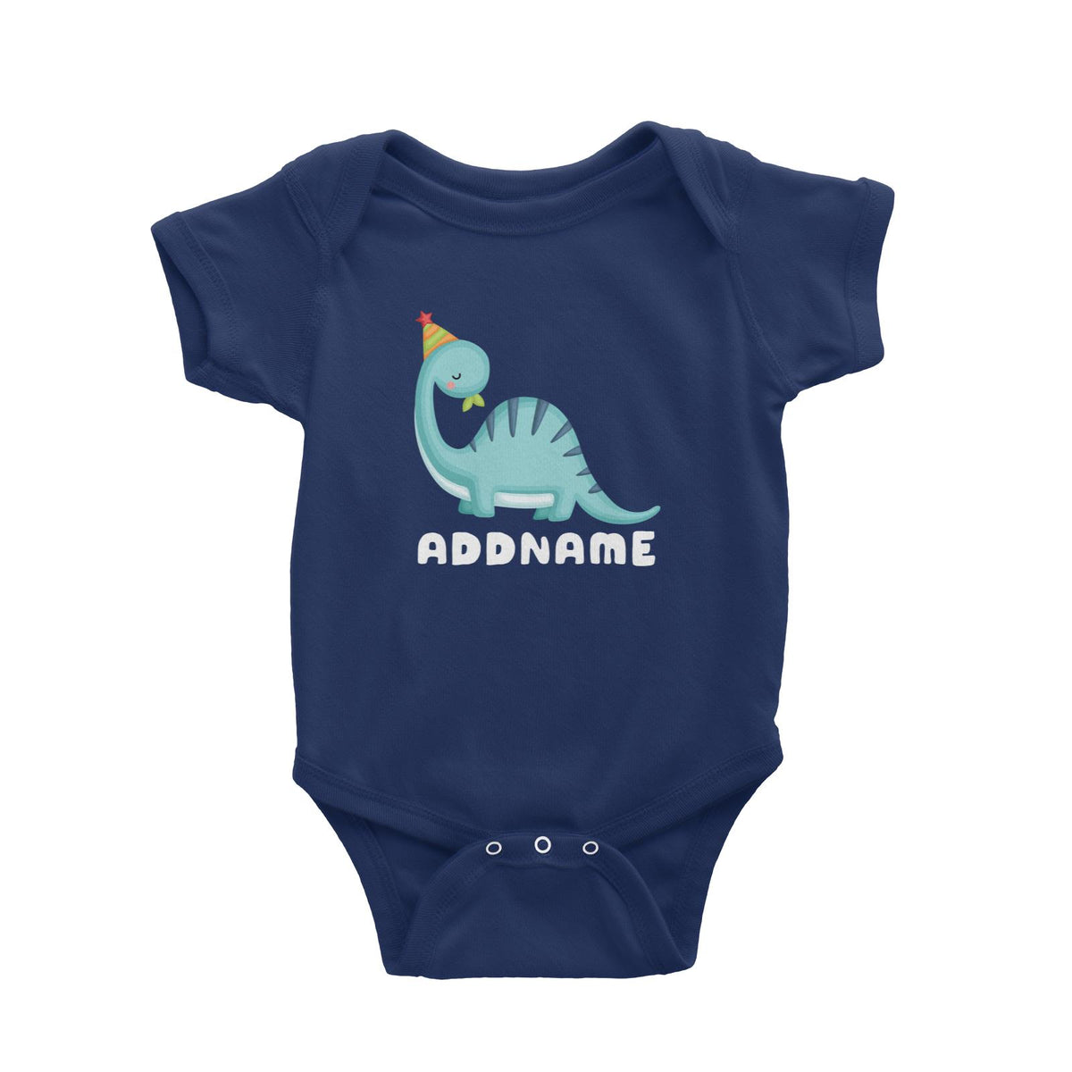 Birthday Dinosaur Happy Blue Long Neck With Party Hat Addname Baby Romper