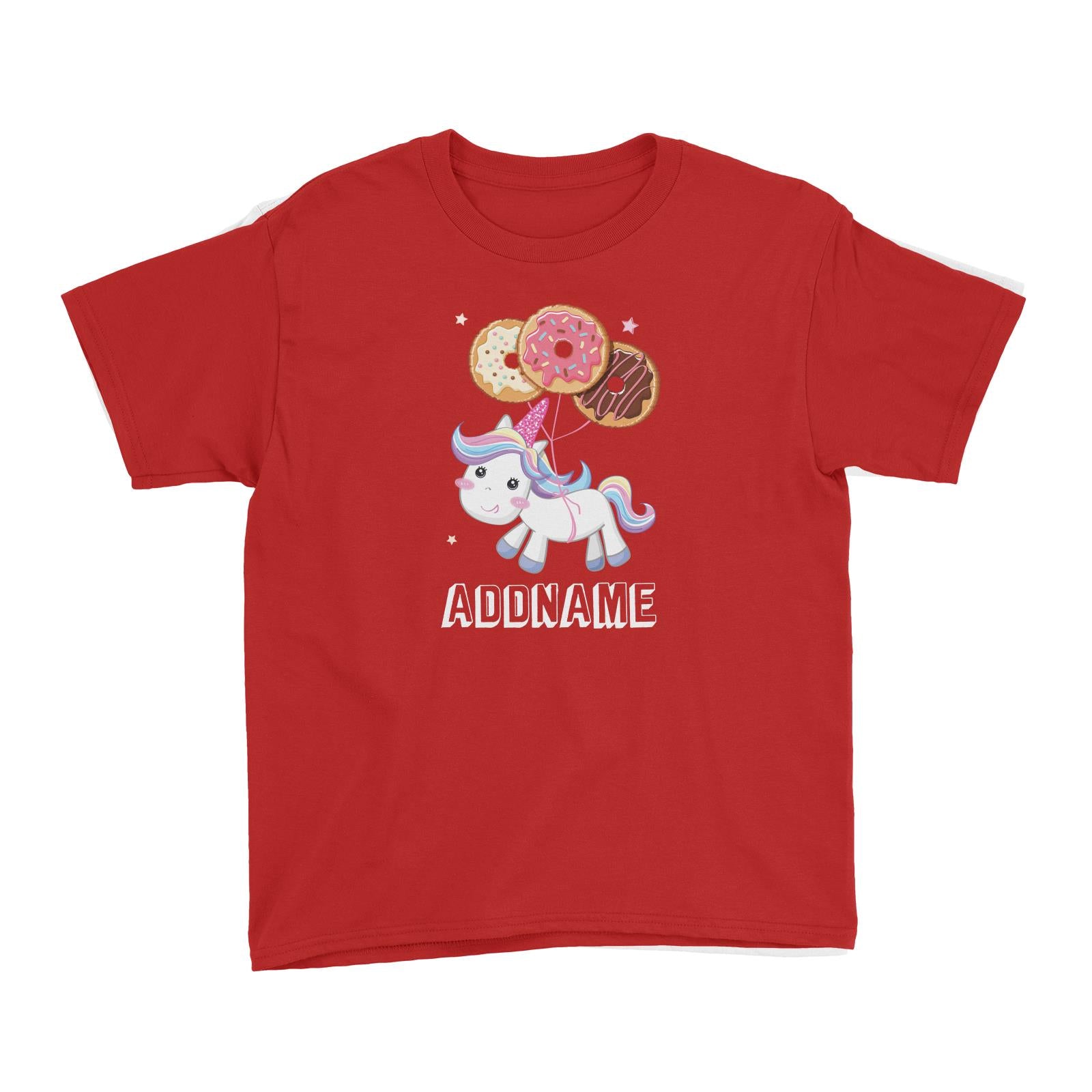 Birthday Unicorn Flying Donuts Balloon In Air Addname Kid's T-Shirt