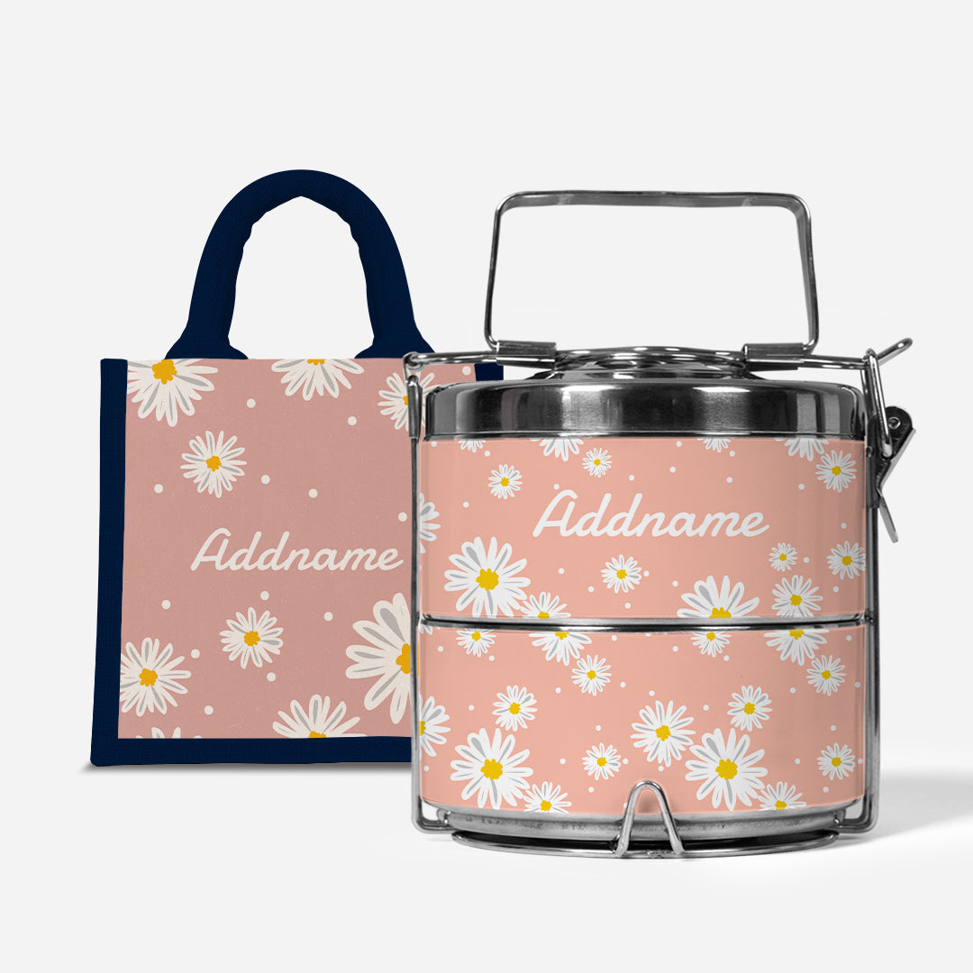 Daisy Series Half Lining Lunch Bag Wtih Premium Two Tier Tiffin Carrier - Coral