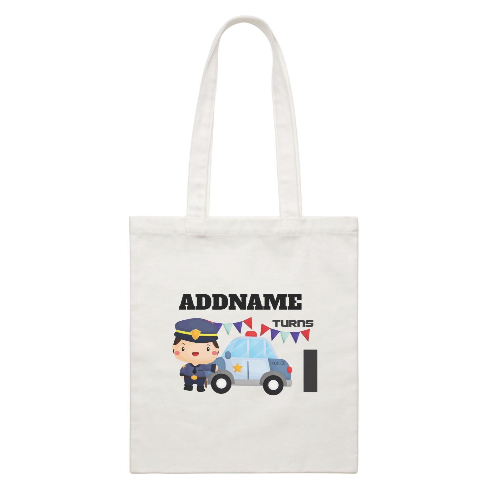 Birthday Police Officer Boy In Suit With Police Car Addname Turns 1 White Canvas Bag