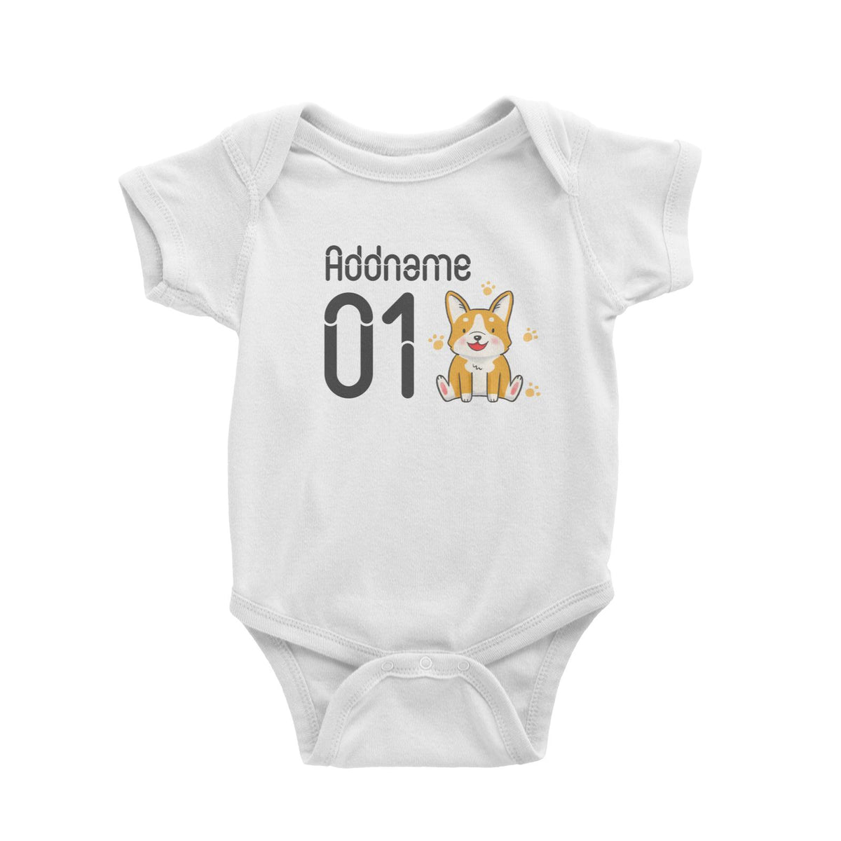 Name and Number Cute Hand Drawn Style Corgi Baby Romper