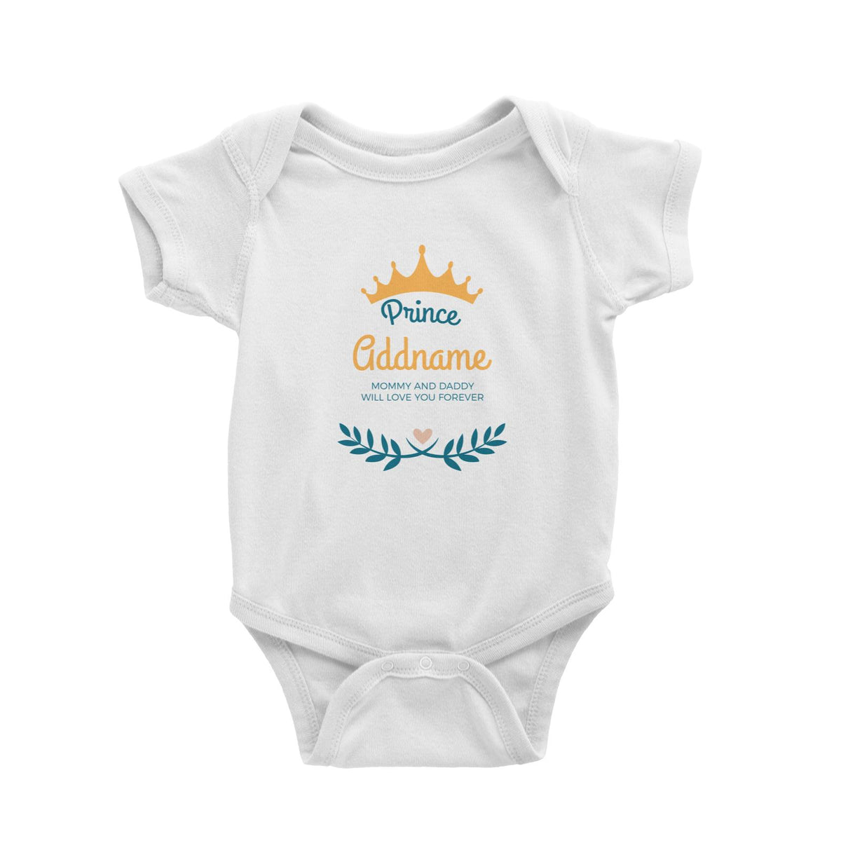 Prince with Crown and Blue Leaves Personalizable with Name and Text Baby Romper
