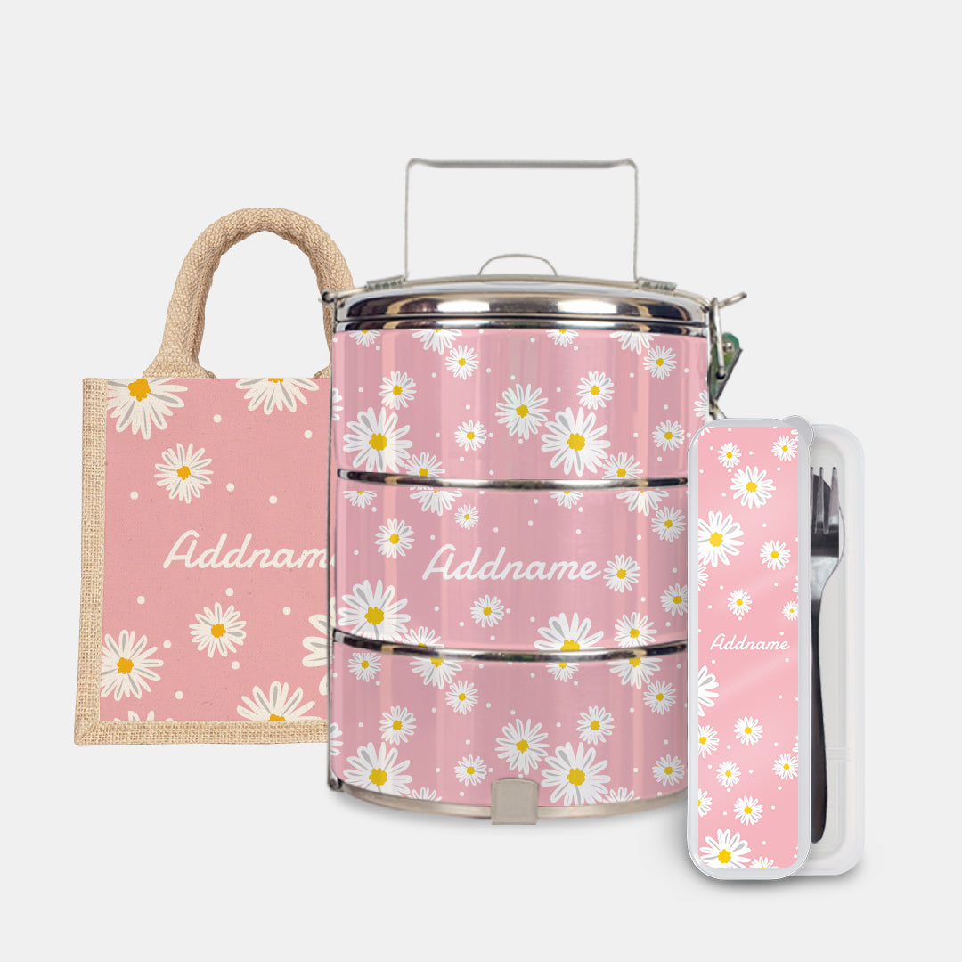 Daisy Series Half Lining Lunch Bag, Standard Tiffin Carrier And Cutlery Set - Blush Natural