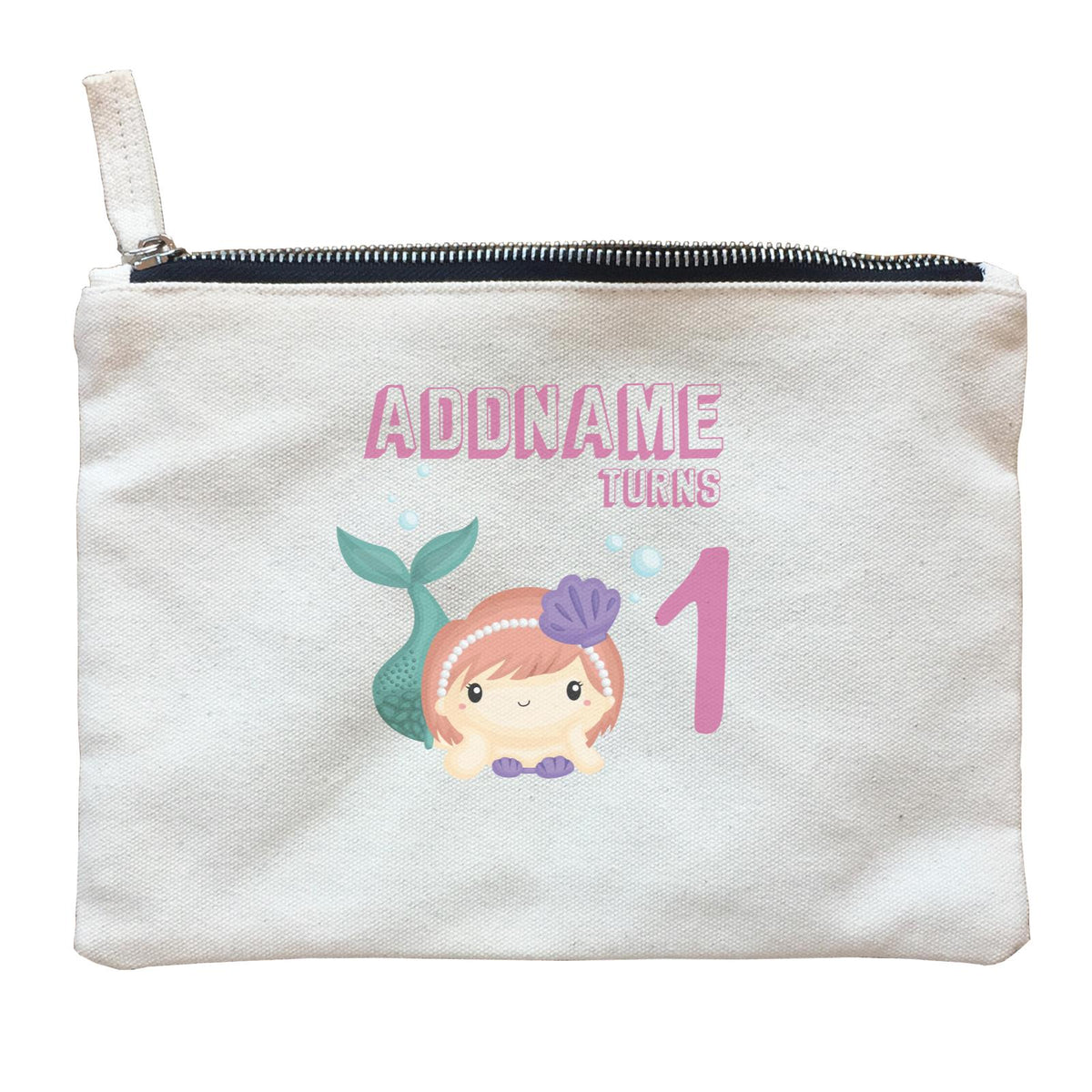 Birthday Mermaid Peach Short Hair Mermaid Laying Addname Turns 1 Zipper Pouch