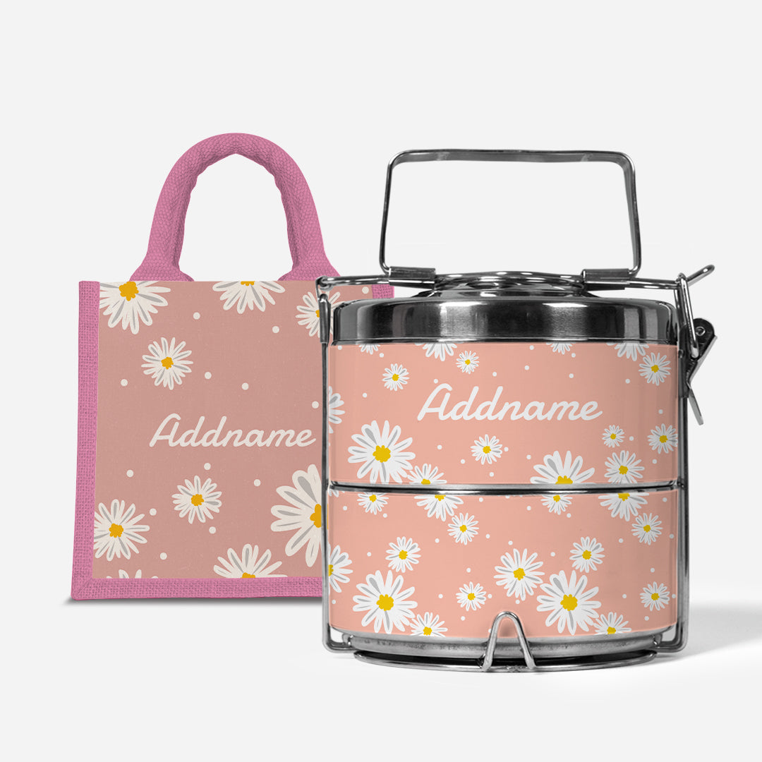 Daisy Series Half Lining Lunch Bag Wtih Premium Two Tier Tiffin Carrier - Coral