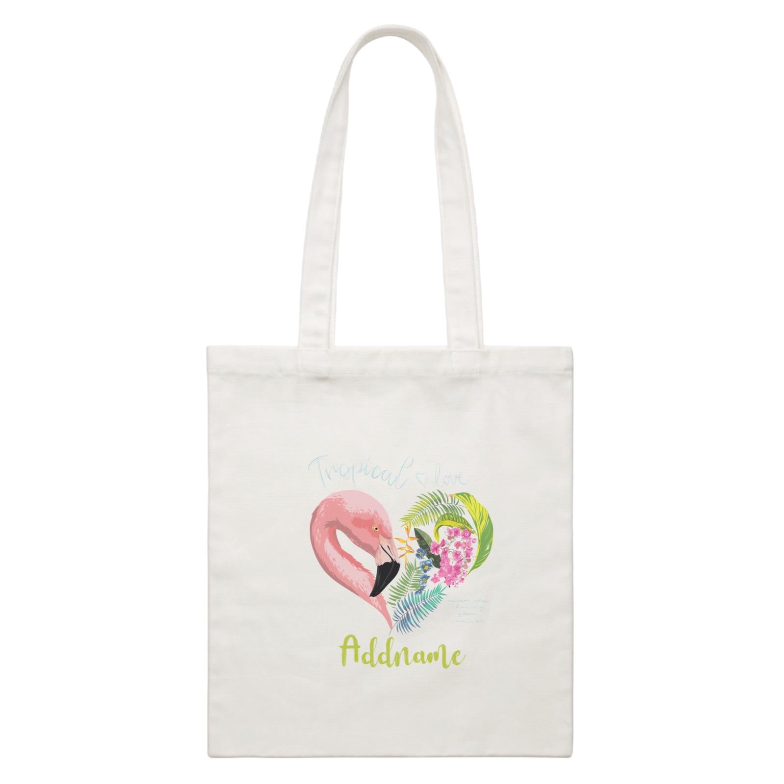 Summer Tropical Plants and Pink Flamingo In Heart Love Shape With Addname White Canvas Bag