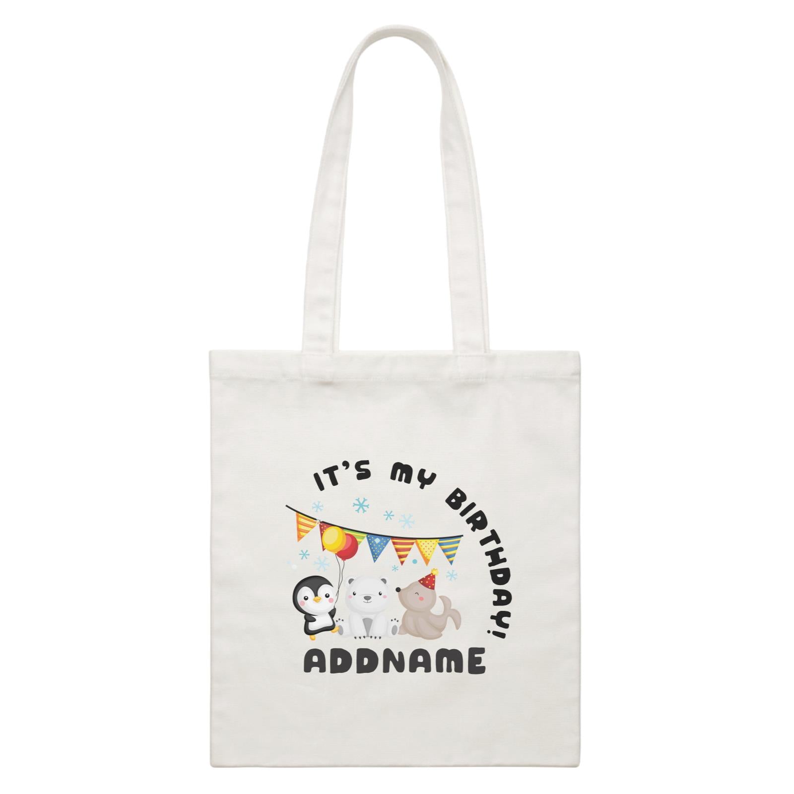 Birthday Winter Animals Penguin Polar Bear And Seal Party It's My Birthday Addname White Canvas Bag