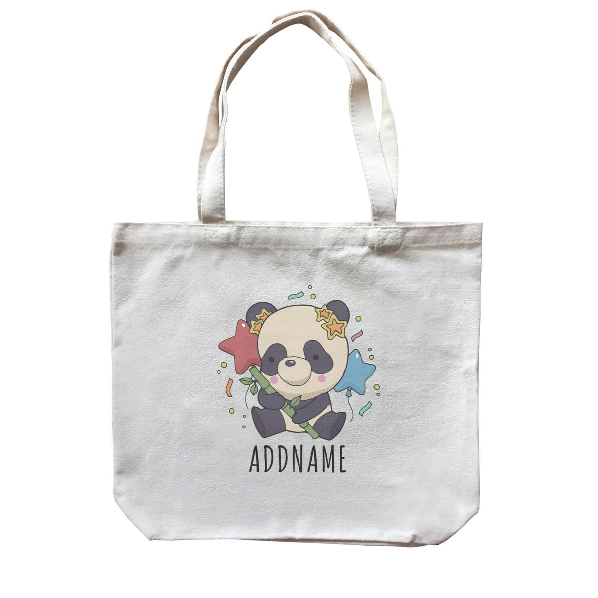 Birthday Sketch Animals Panda with Party Hat Holding Bamboo Addname Canvas Bag