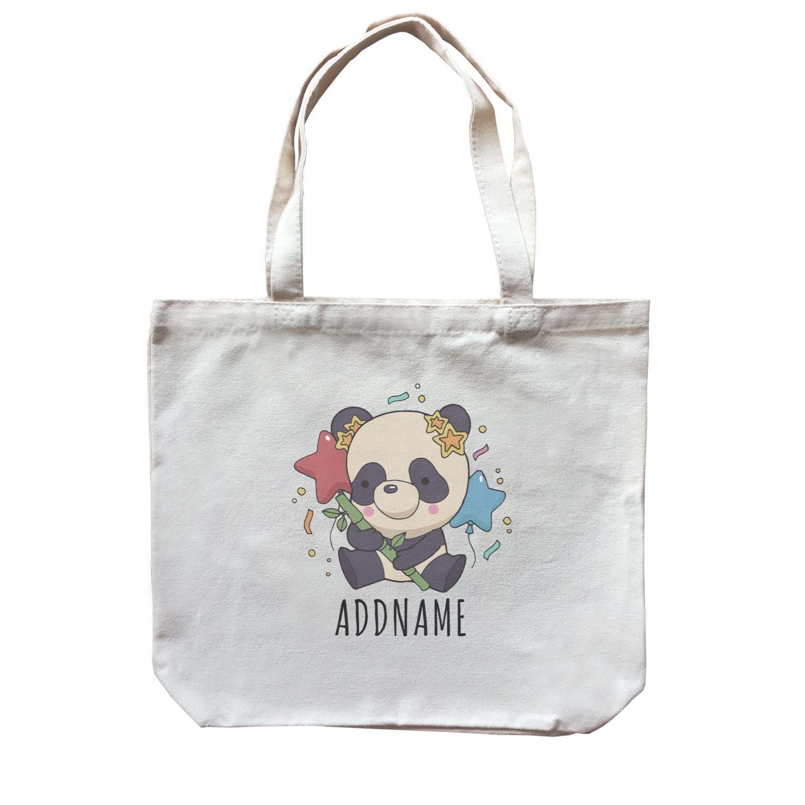 Birthday Sketch Animals Panda with Party Hat Holding Bamboo Addname Canvas Bag