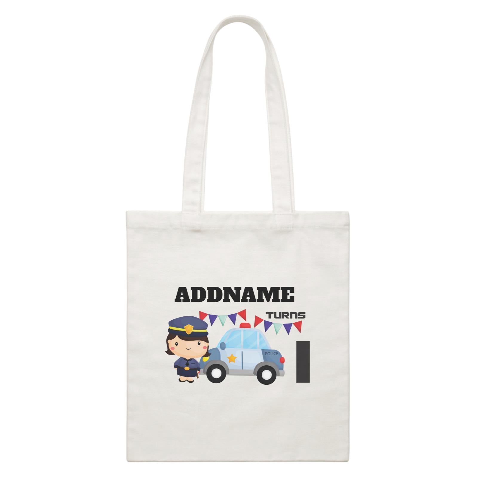 Birthday Police Officer Girl In Suit With Police Car Addname Turns 1 White Canvas Bag