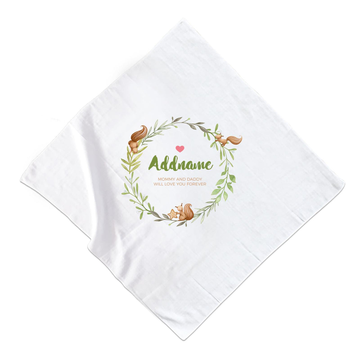 Watercolour Squirrels Green Wreath Personalizable with Name and Text Muslin Square