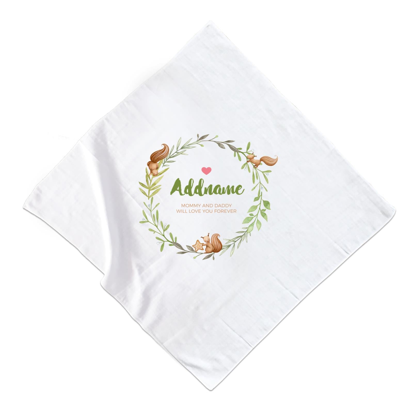 Watercolour Squirrels Green Wreath Personalizable with Name and Text Muslin Square