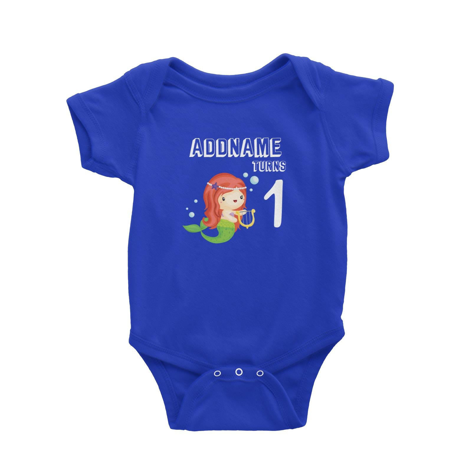 Birthday Mermaid Red Long Hair Mermaid Playing Harp Addname Turns 1 Baby Romper