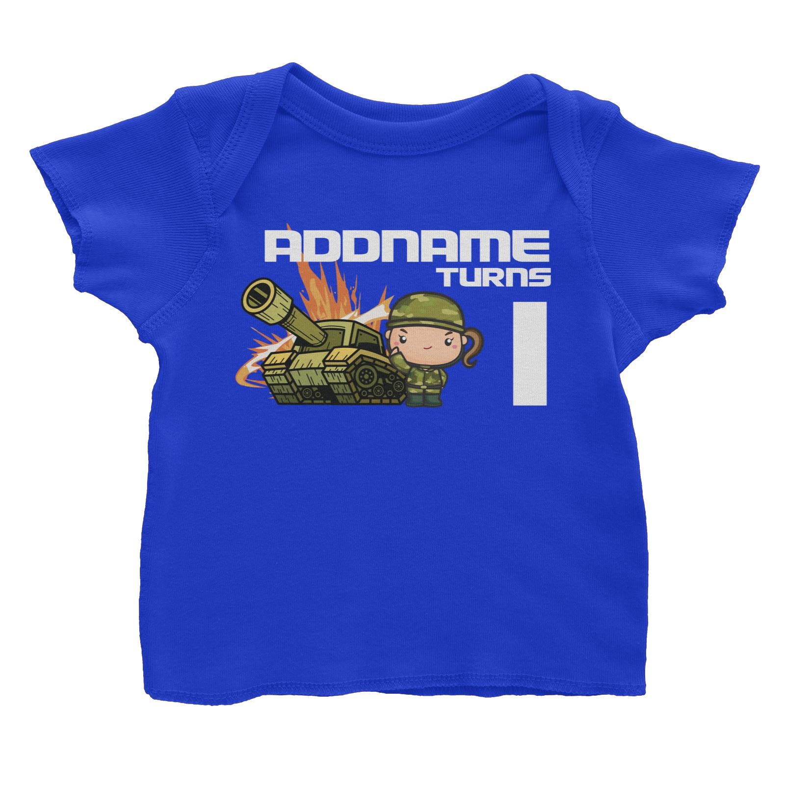 Birthday Battle Theme Tank And Army Soldier Girl Addname Turns 1 Baby T-Shirt