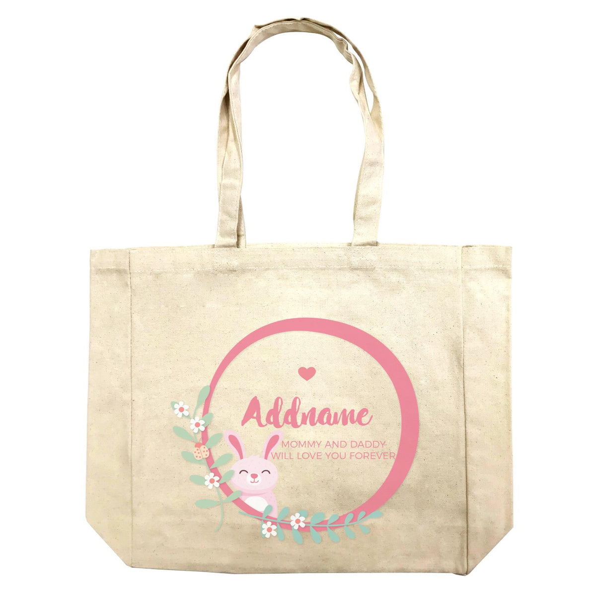 Cute Pink Rabbit in Pink Ring Personalizable with Name and Text Shopping Bag
