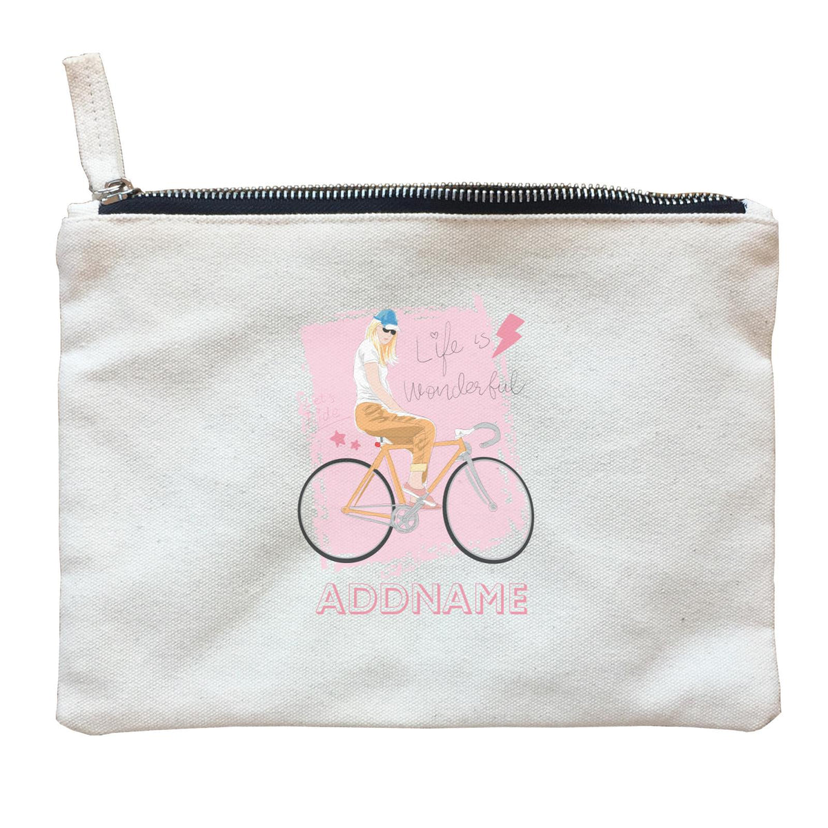 Beautiful Chic Life Is Wonderful Bicycle with Addname Zipper Pouch