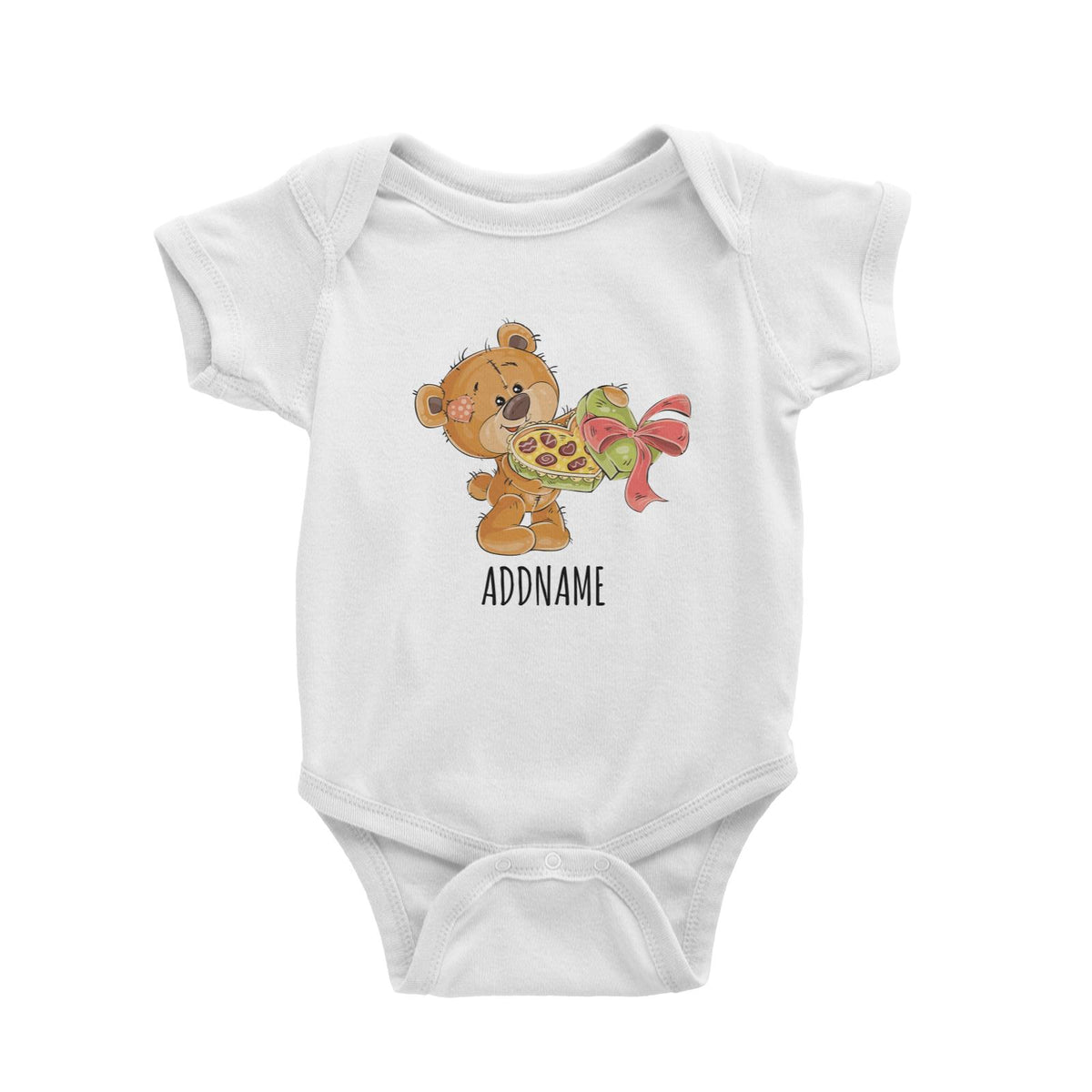 Cartoon Bear with Box of Chocolates White White Baby Romper