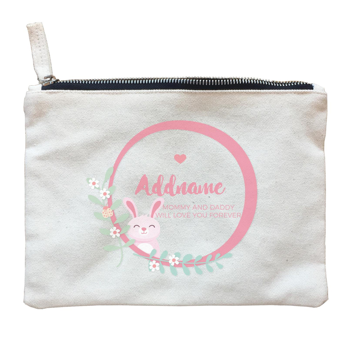 Cute Pink Rabbit in Pink Ring Personalizable with Name and Text Zipper Pouch