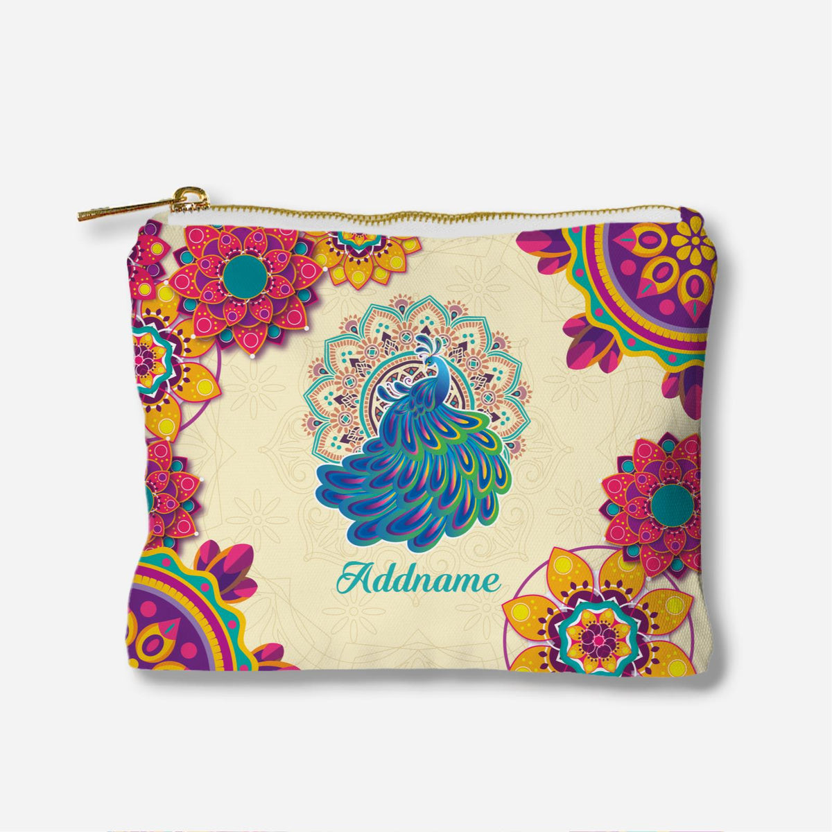 Deepavali Series Virtue Peacock Full Print Zipper Pouch - Sky Blue Mandala