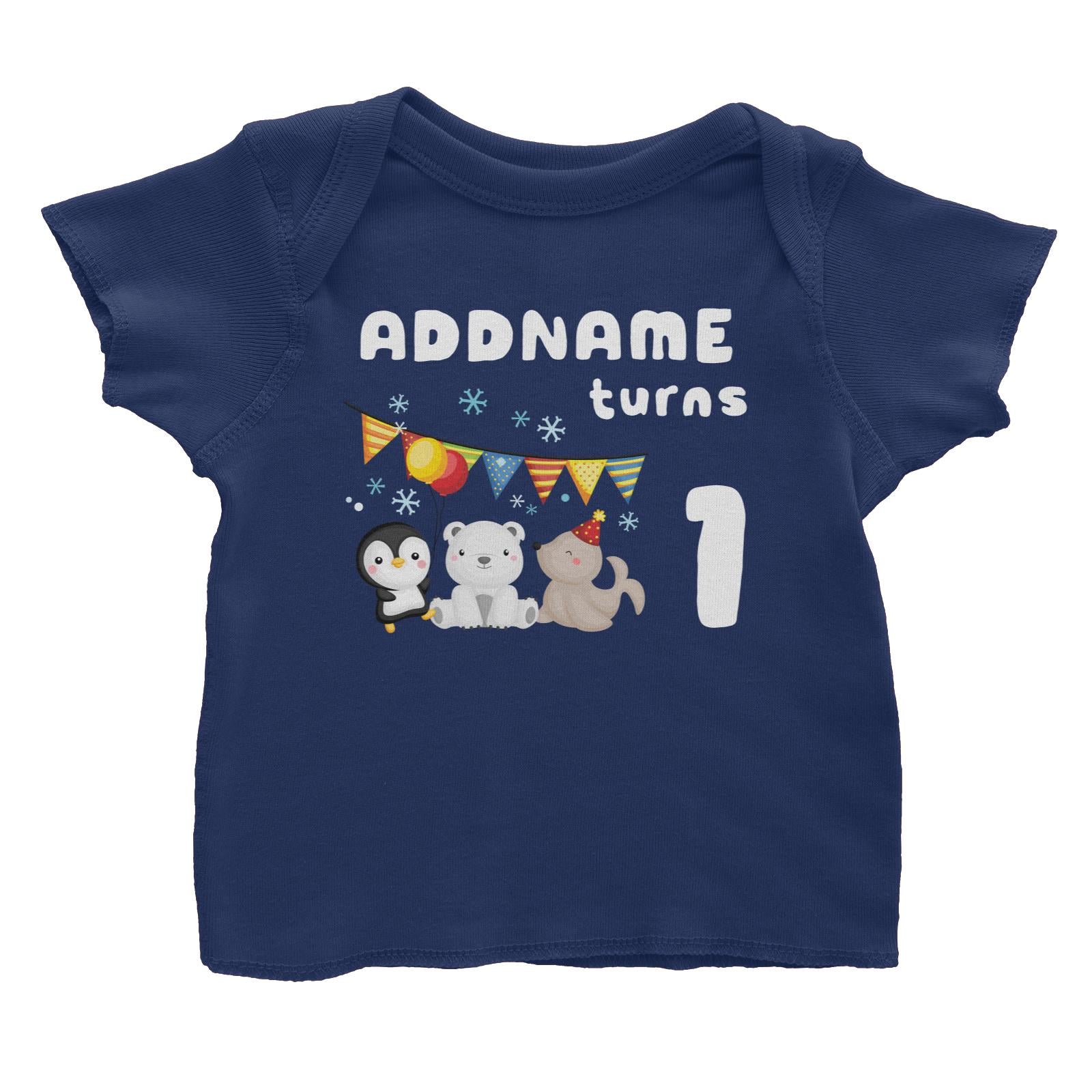 Birthday Winter Animals Penguin Polar Bear And Seal Party Addname Turns 1 Baby T-Shirt