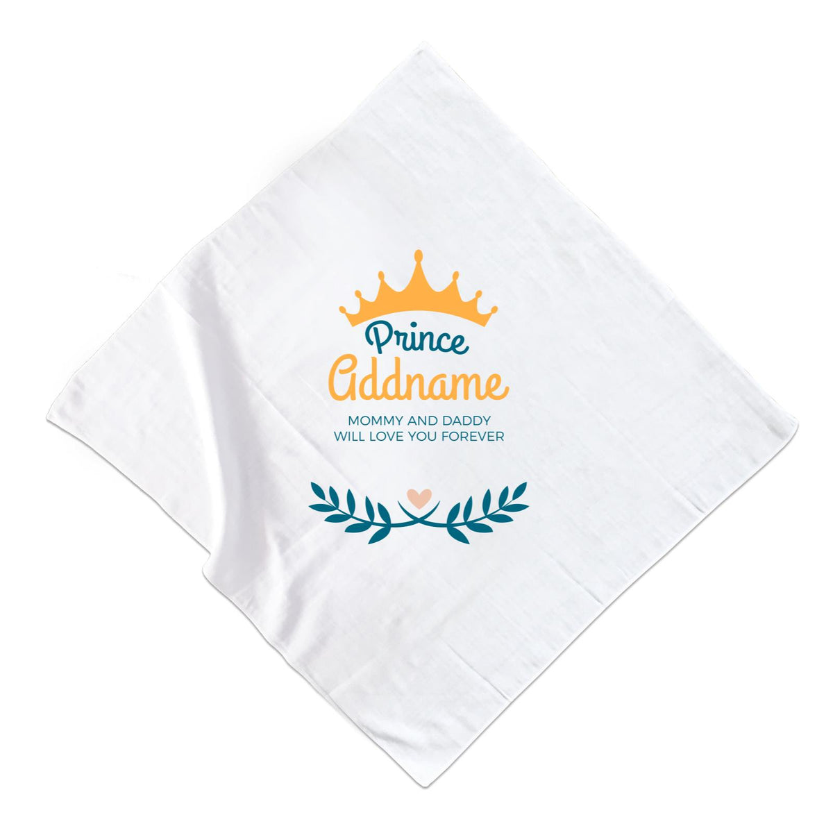 Prince with Crown and Blue Leaves Personalizable with Name and Text Muslin Square