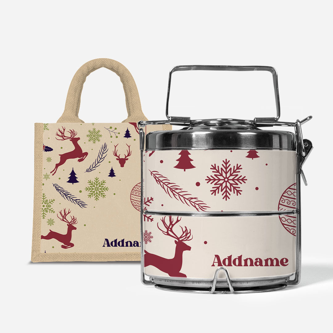 Christmas Series Premium Two Tier Tiffin  with Half Lining Lunch Bag Jubilant Reindeers Natural