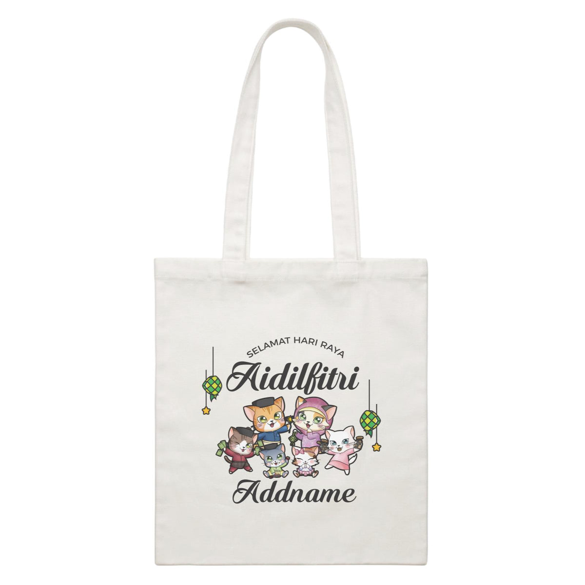 Raya Cute Animals Cat Family Wishes Selamat Hari Raya Aidilfitri White Canvas Bag
