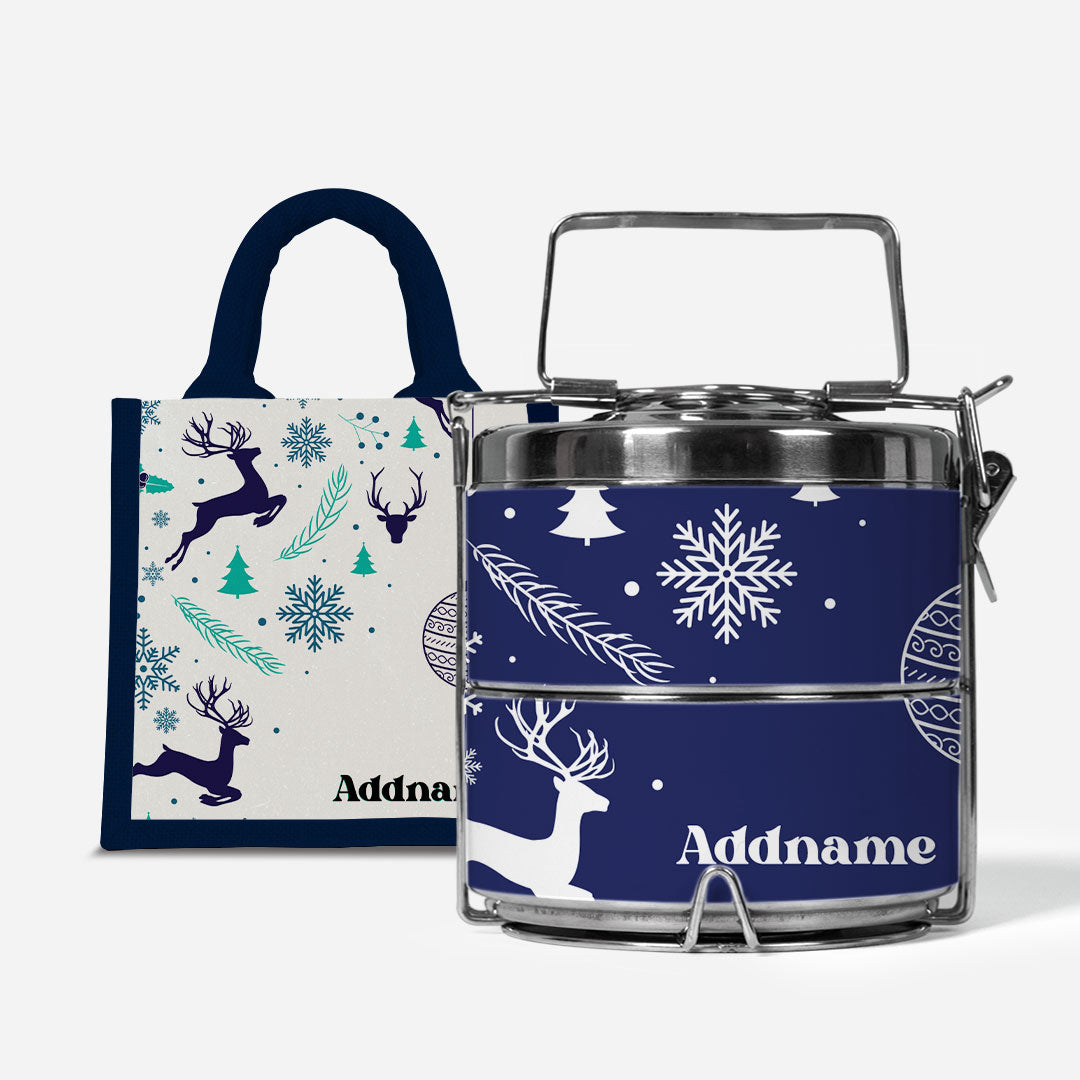 Christmas Series Premium Two Tier Tiffin  with Half Lining Lunch Bag Jubilant Reindeers Navy