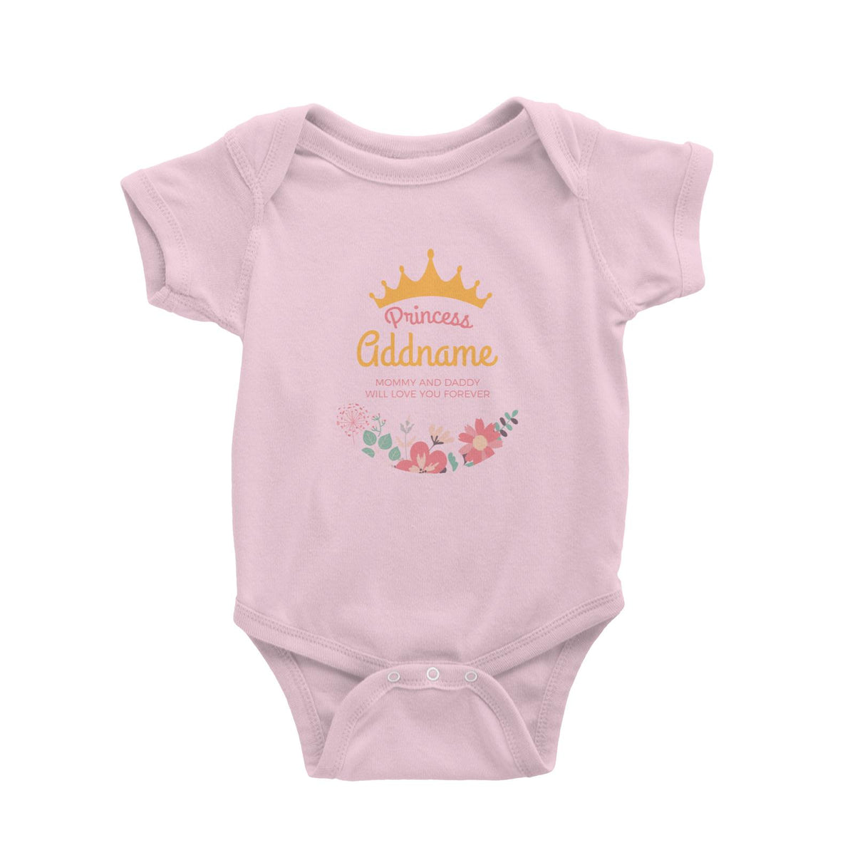 Princess with Tiara and Flowers 2 Personalizable with Name and Text Baby Romper