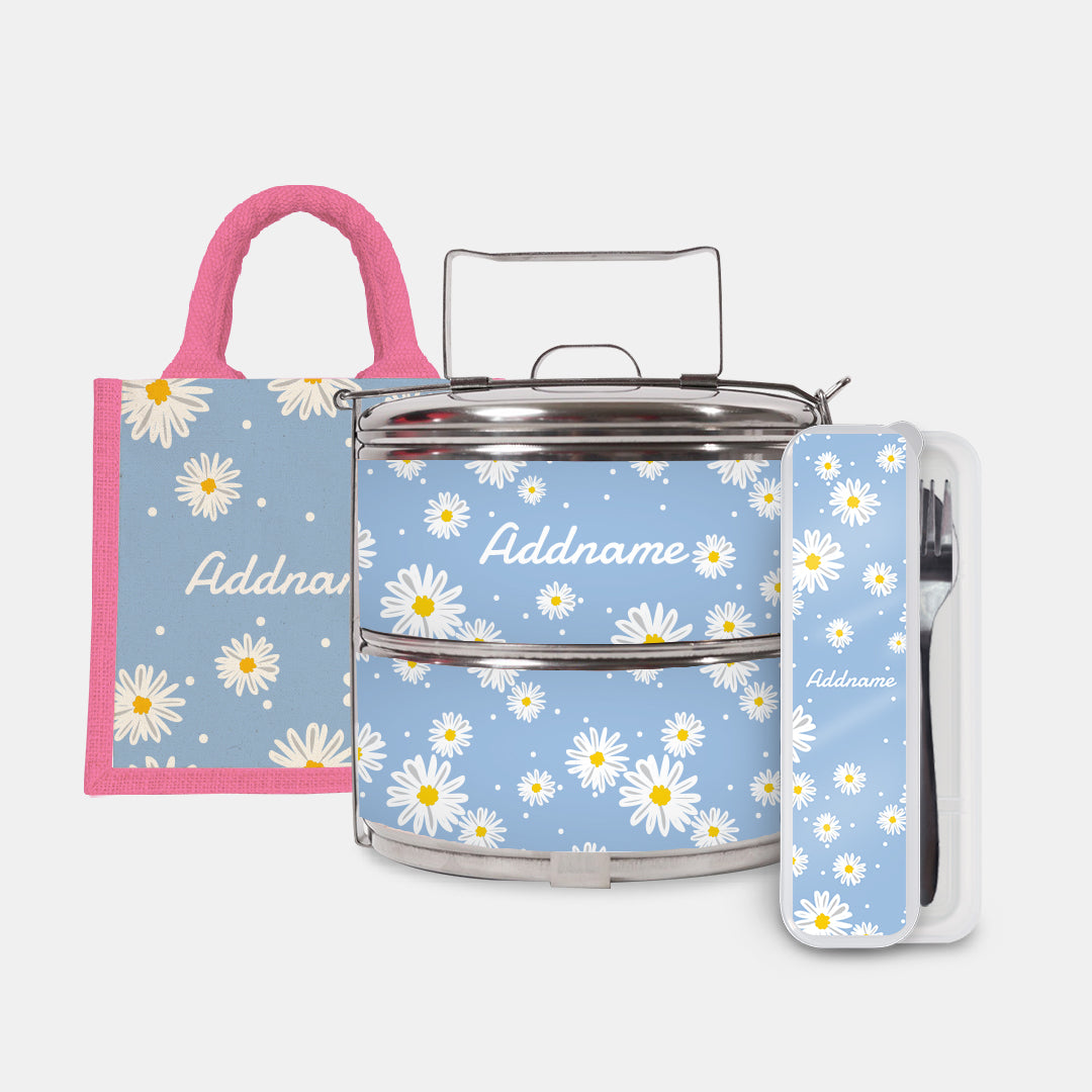 Daisy Series Half Lining Lunch Bag, Standard Two Tier Tiffin Carrier And Cutlery Set - Frost Light Pink