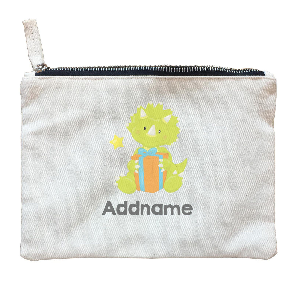 Dino Birthday Green Triceratop with Birthday Hat Addname Zipper Pouch