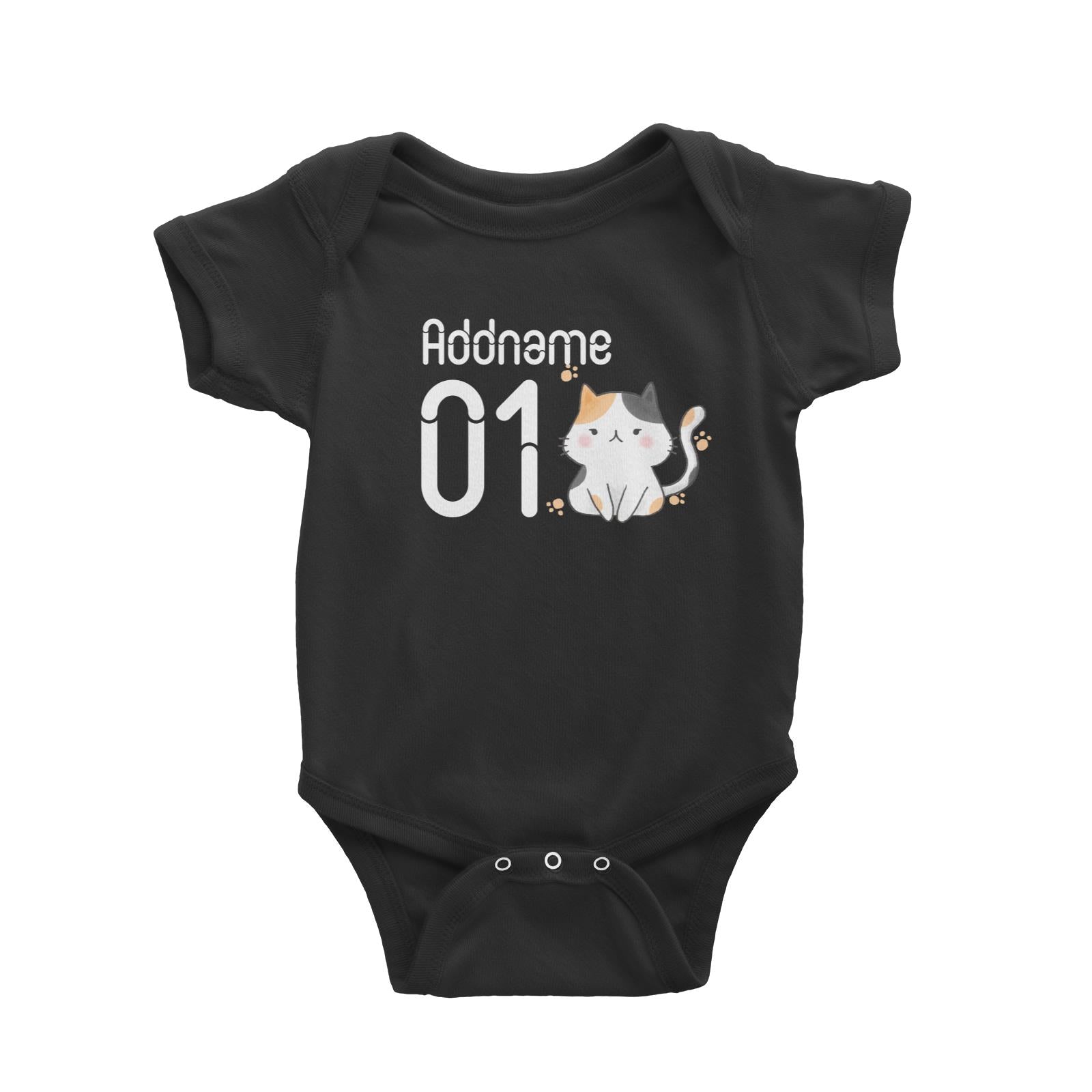 Name and Number Cute Hand Drawn Style Cat Baby Romper