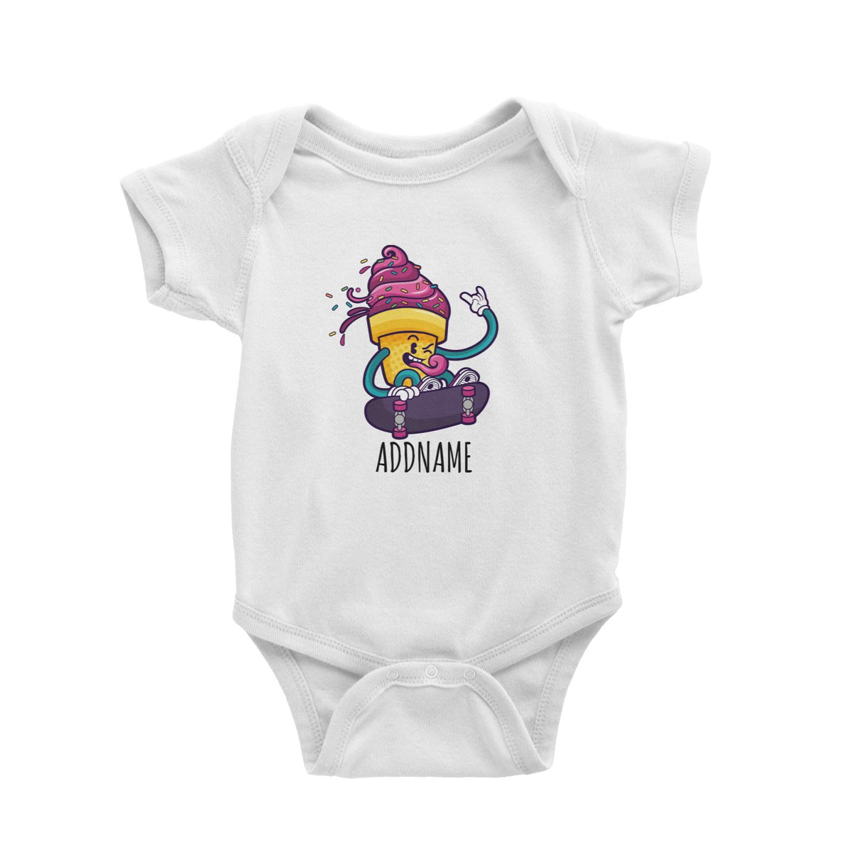 Cartoon Skateboard Cool Ice Cream Slice White White Baby Romper