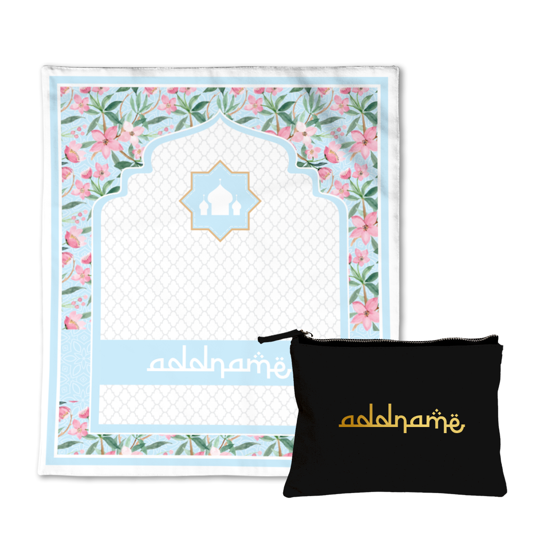 Laura Blossom  Sejadah Prayer Mat with Zipper Pouch with Gold Personalization Bundle