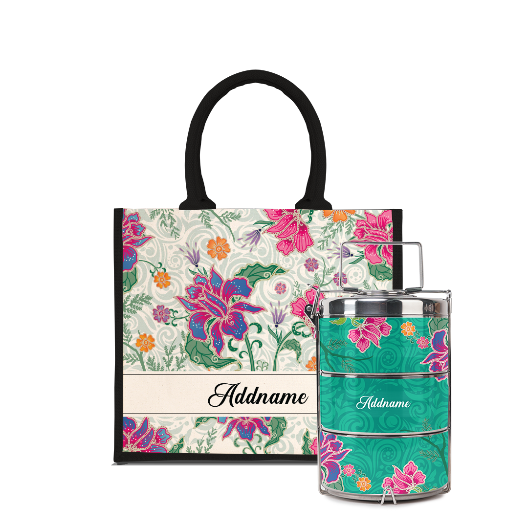 Modern Mahsuri Series - Legend Green Half Lining Jute Bag with Tiffin Carrier