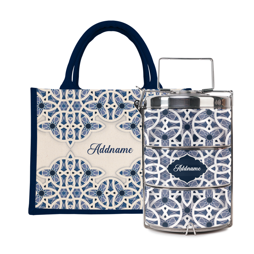 Ratu Series - Blue Tiffin Carrier with Half Lining Small Jute Bag