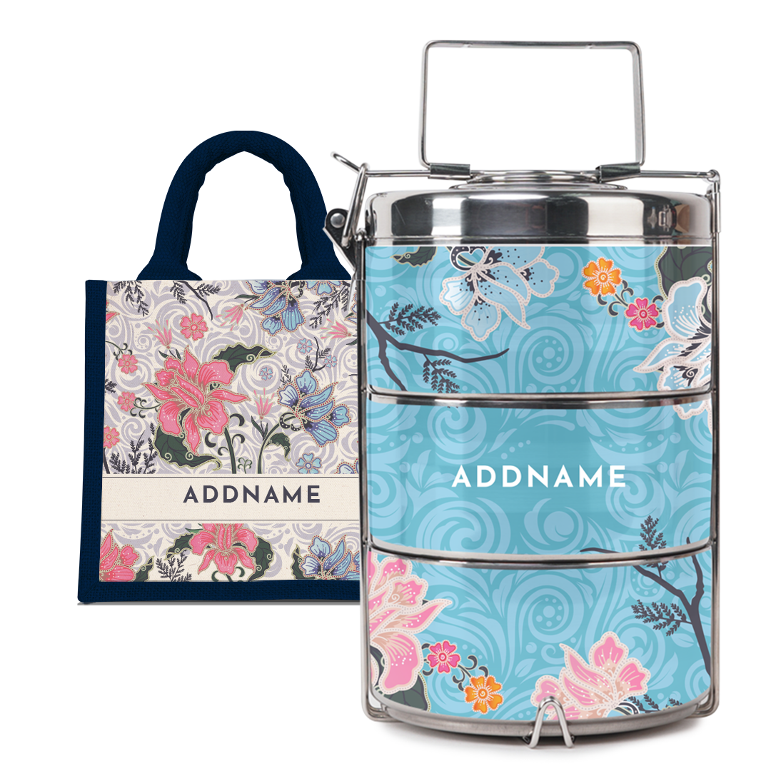 Modern Mahsuri Blue - Lunch Tote Bag with Three-Tier Tiffin Carrier