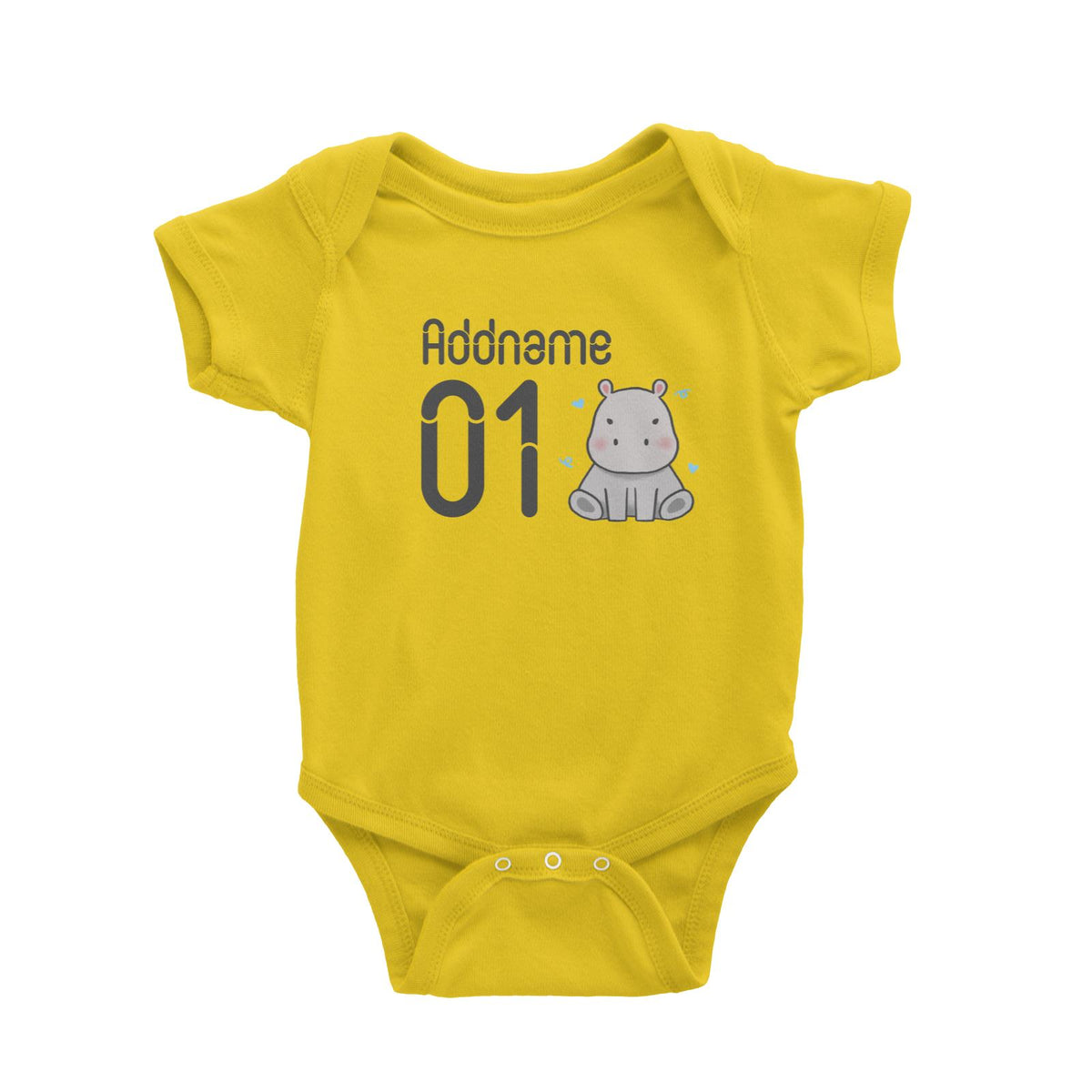Name and Number Cute Hand Drawn Style Hippo Baby Romper