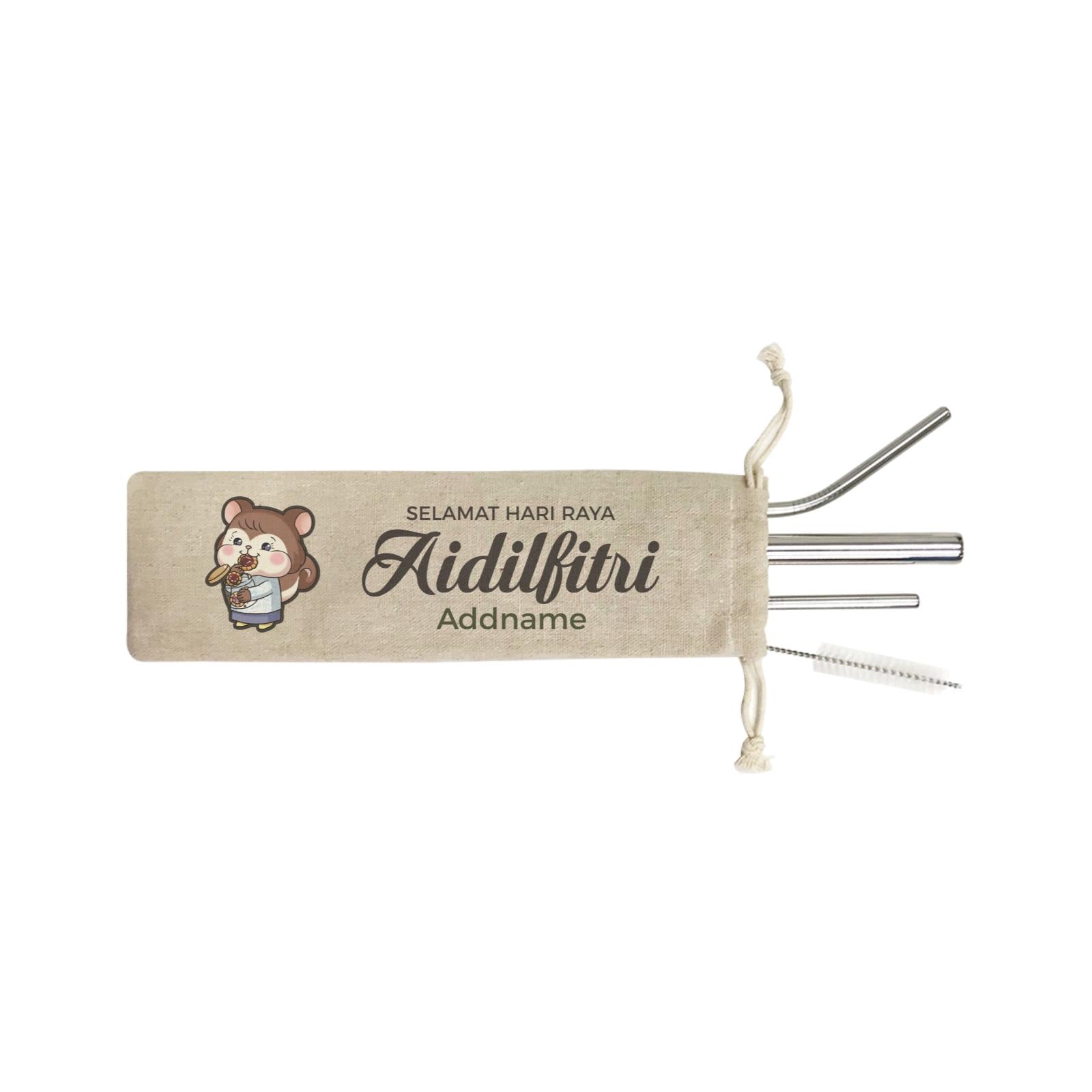 Raya Cute Animals Sister Squirrel Wishes Selamat Hari Raya Aidilfitri SB 4-in-1 Stainless Steel Straw Set In a Satchel