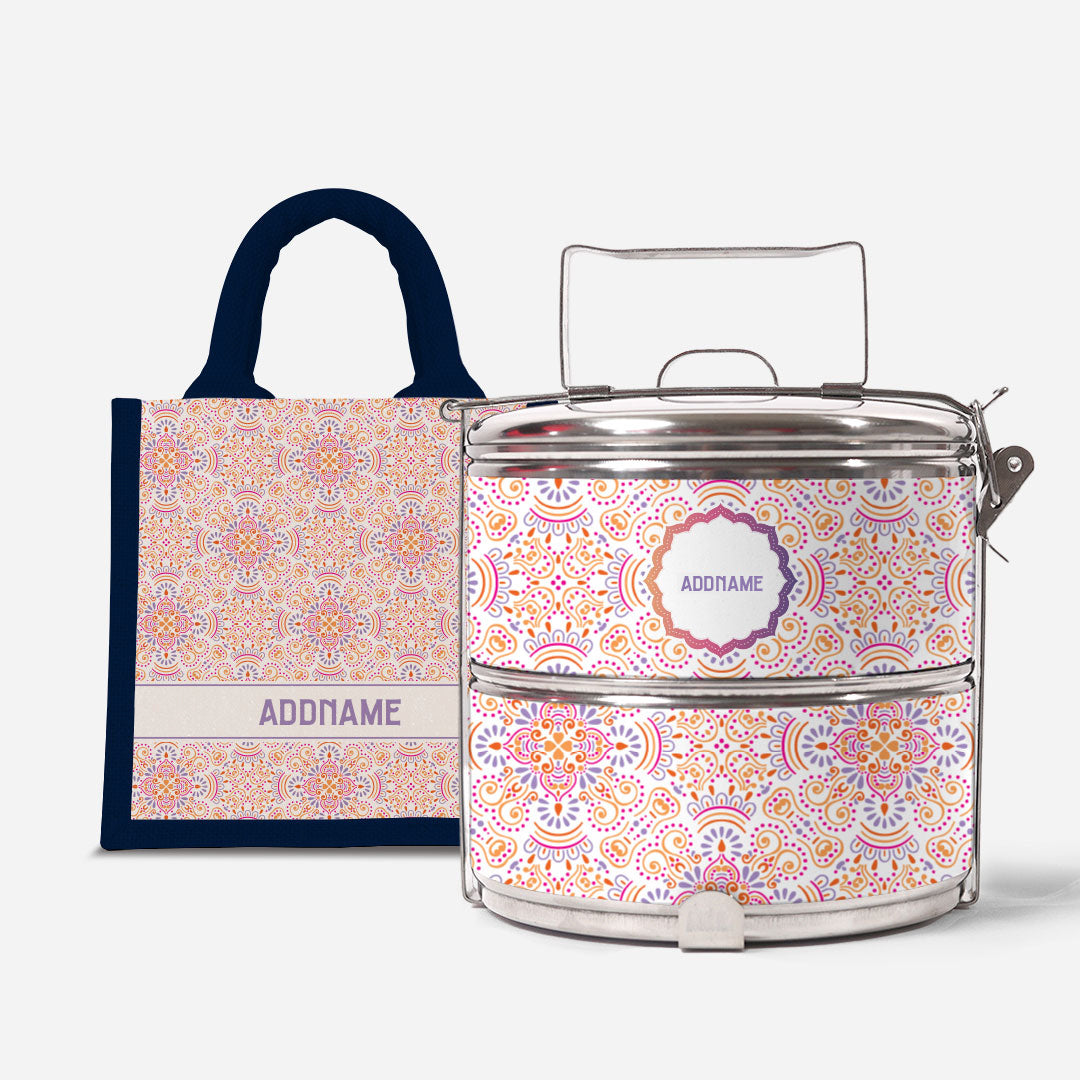 Pookal Series Standard Two Tier Tiffin with Half Lining Lunch Bag - Triumph Navy