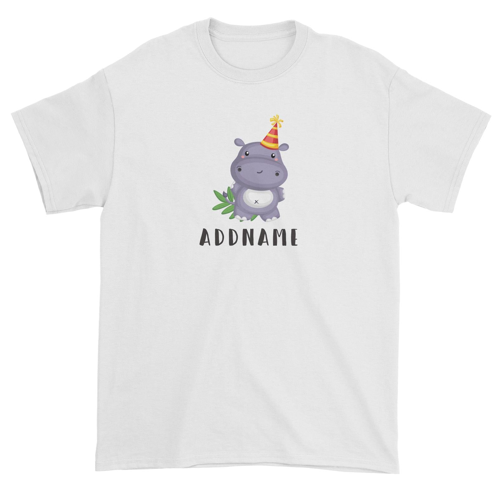 Birthday Safari Hippo Wearing Party Hat Addname Unisex T-Shirt