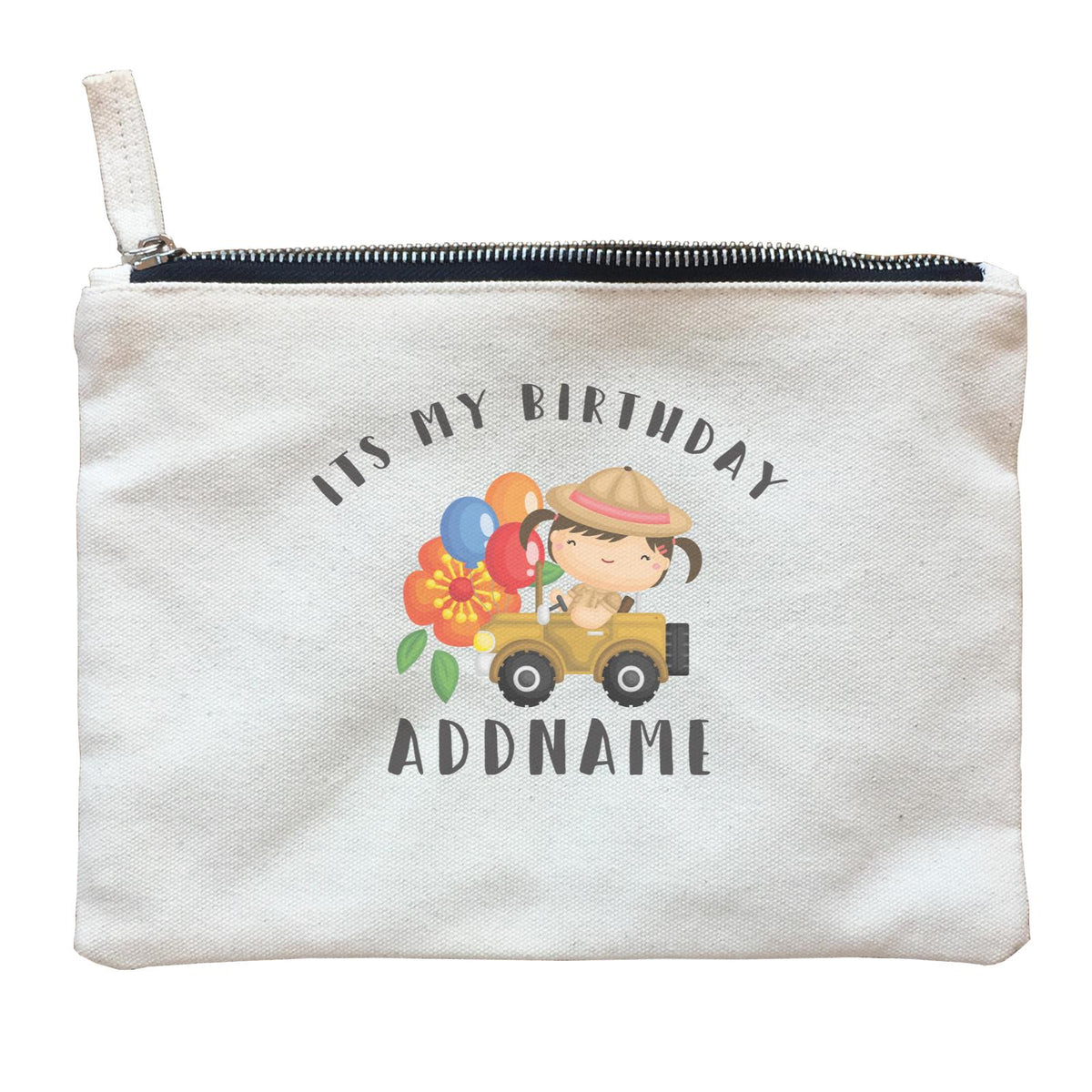 Birthday Safari Explorer Girl Driving Jeep Car It's My Birthday Addname Zipper Pouch