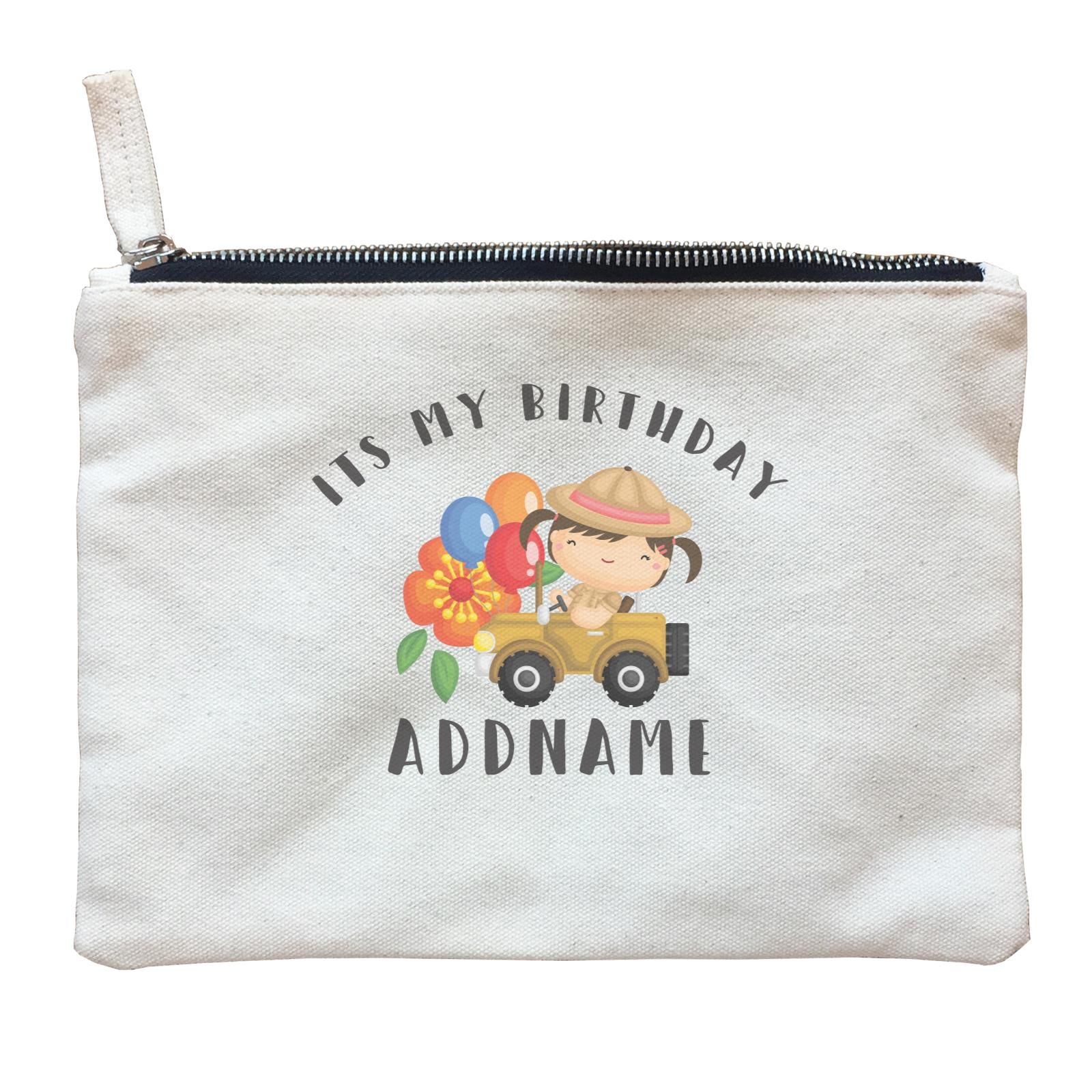Birthday Safari Explorer Girl Driving Jeep Car It's My Birthday Addname Zipper Pouch