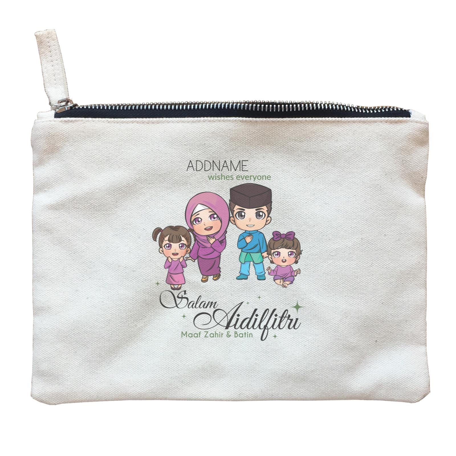 Raya Chibi Family Girl And Baby Girl Addname Wishes Everyone Salam Aidilfitri Maaf Zahir & Batin Zipper Pouch