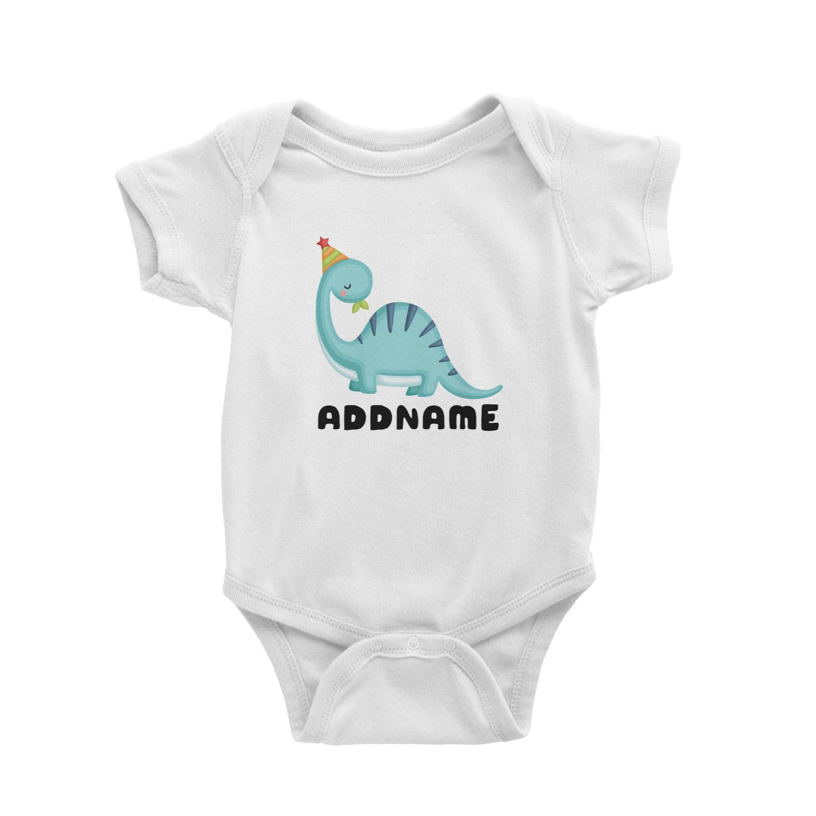 Birthday Dinosaur Happy Blue Long Neck With Party Hat Addname Baby Romper