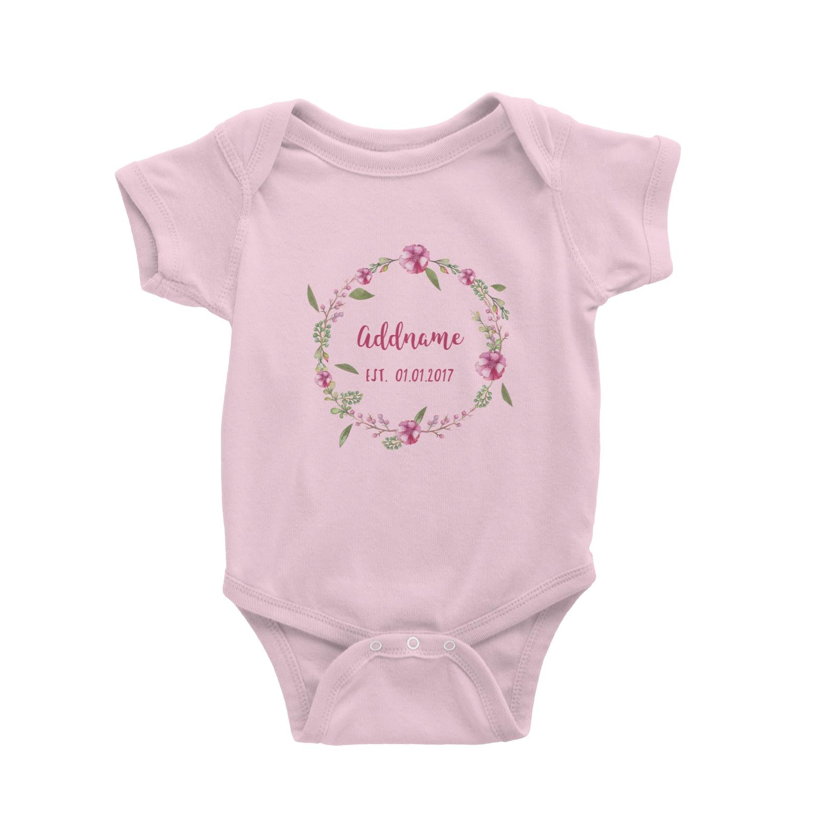 Add Name and Add Date in Pink Flower Wreath Baby Romper
