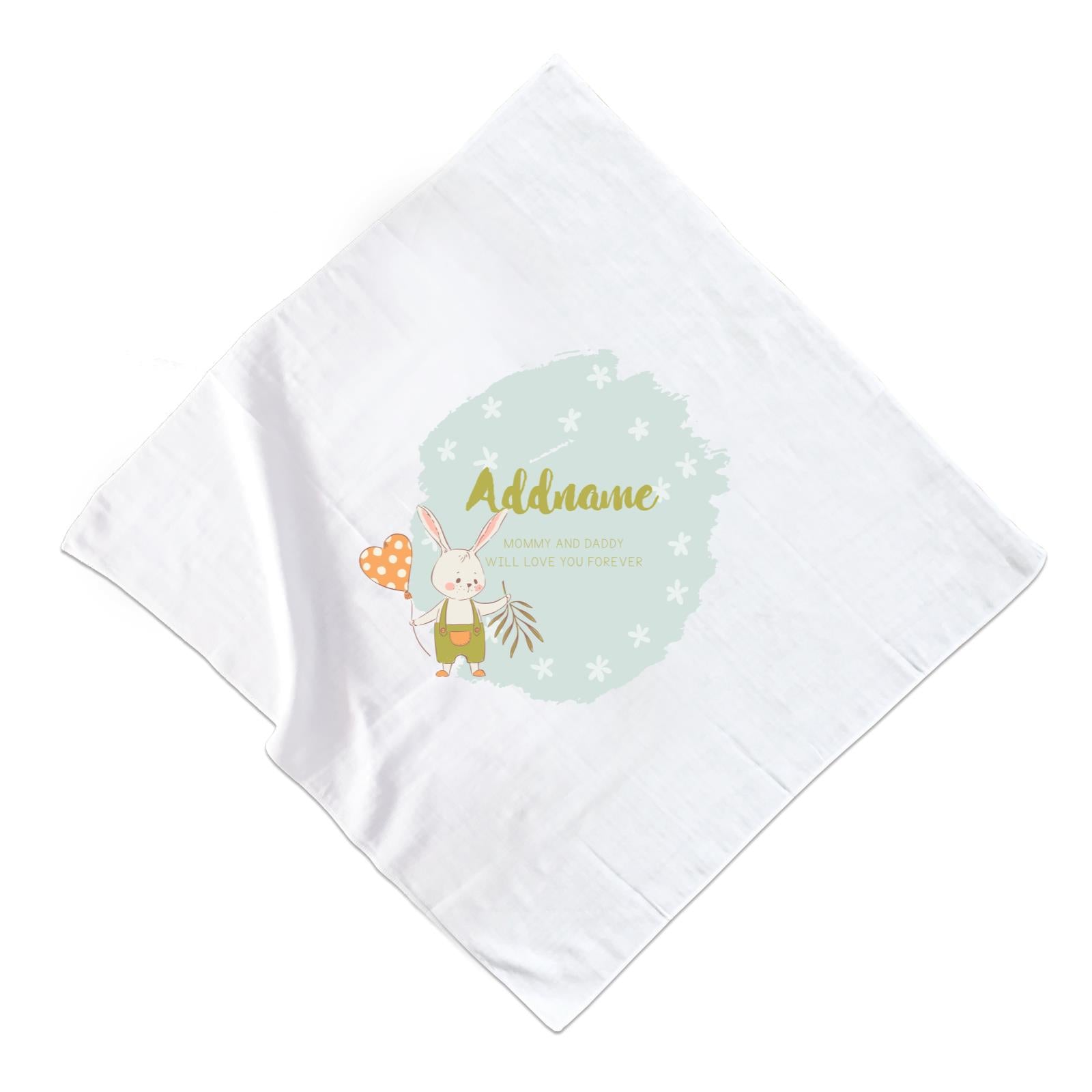 Cute Boy Rabbit with Heart Balloon Personalizable with Name and Text Muslin Square