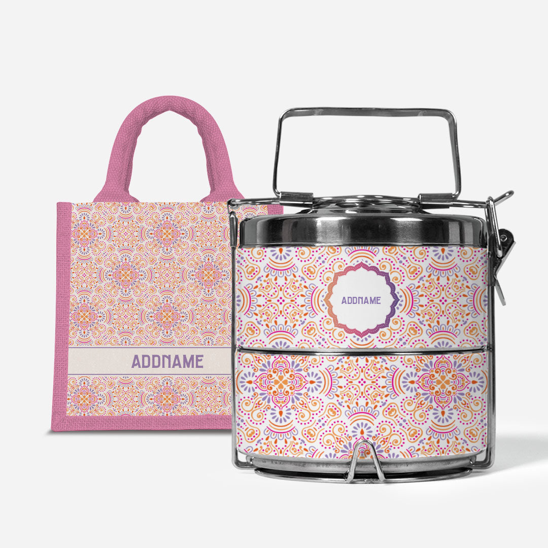 Pookal Series Premium Two Tier Tiffin with Half Lining Lunch Bag - Triumph Light Pink